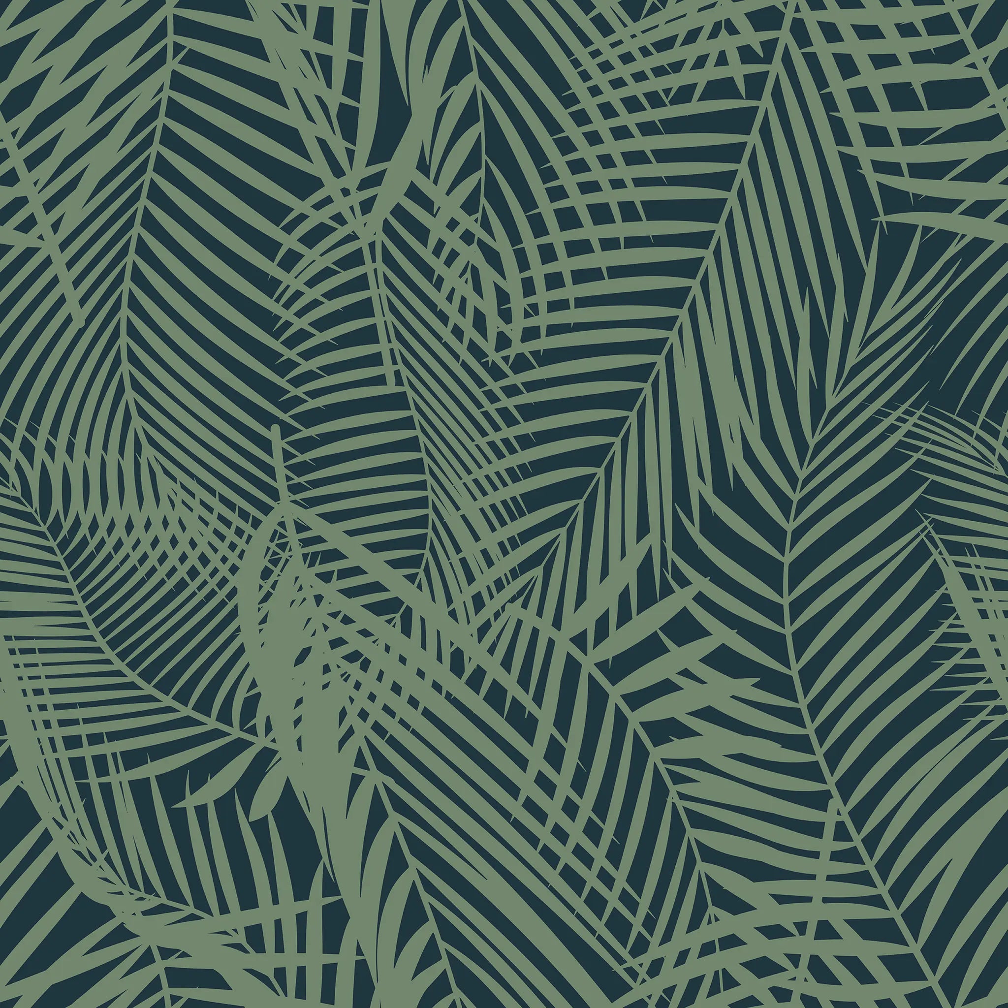 Pattern of green palm leaves on a dark blue background