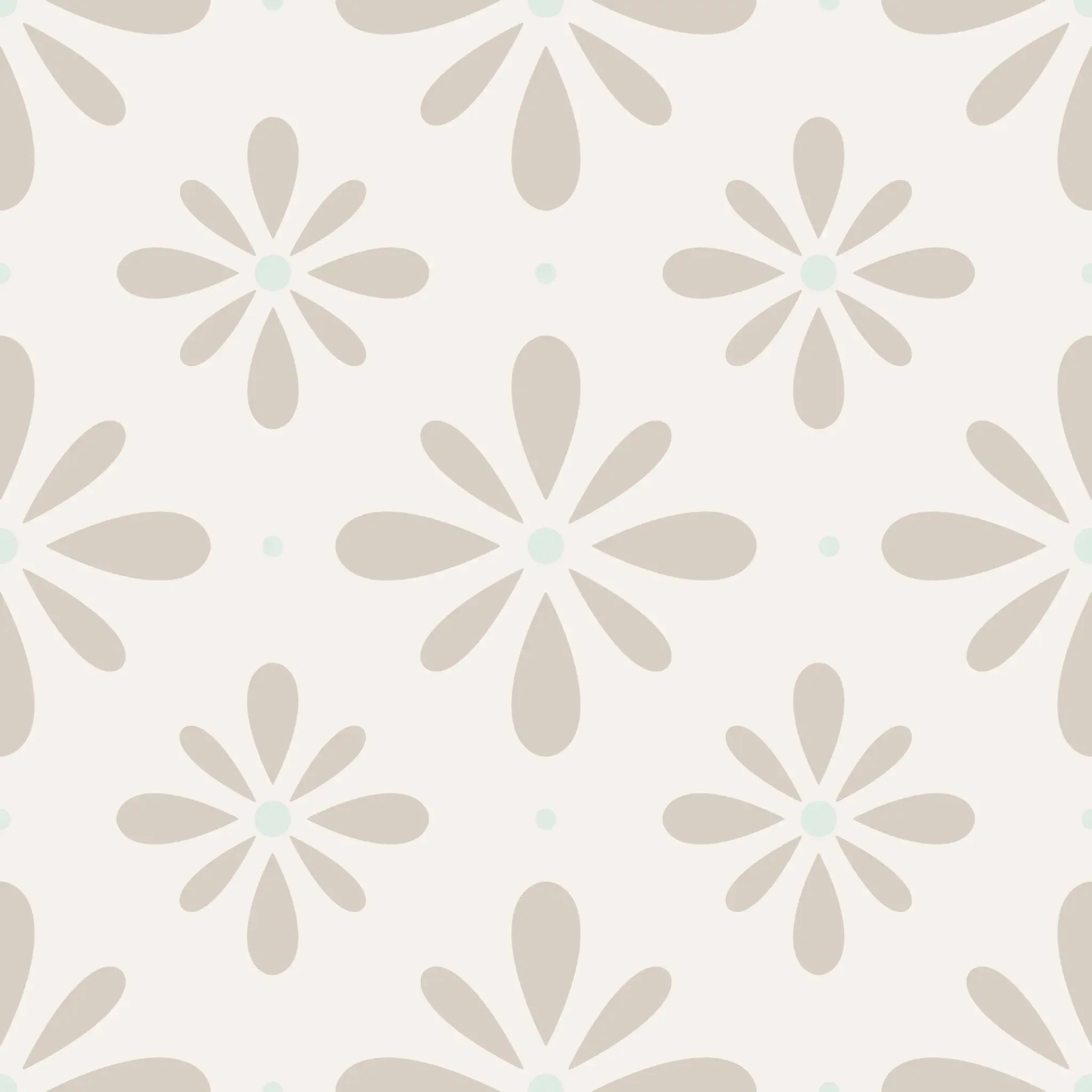 Pattern of beige flowers with green centers on a light gray background