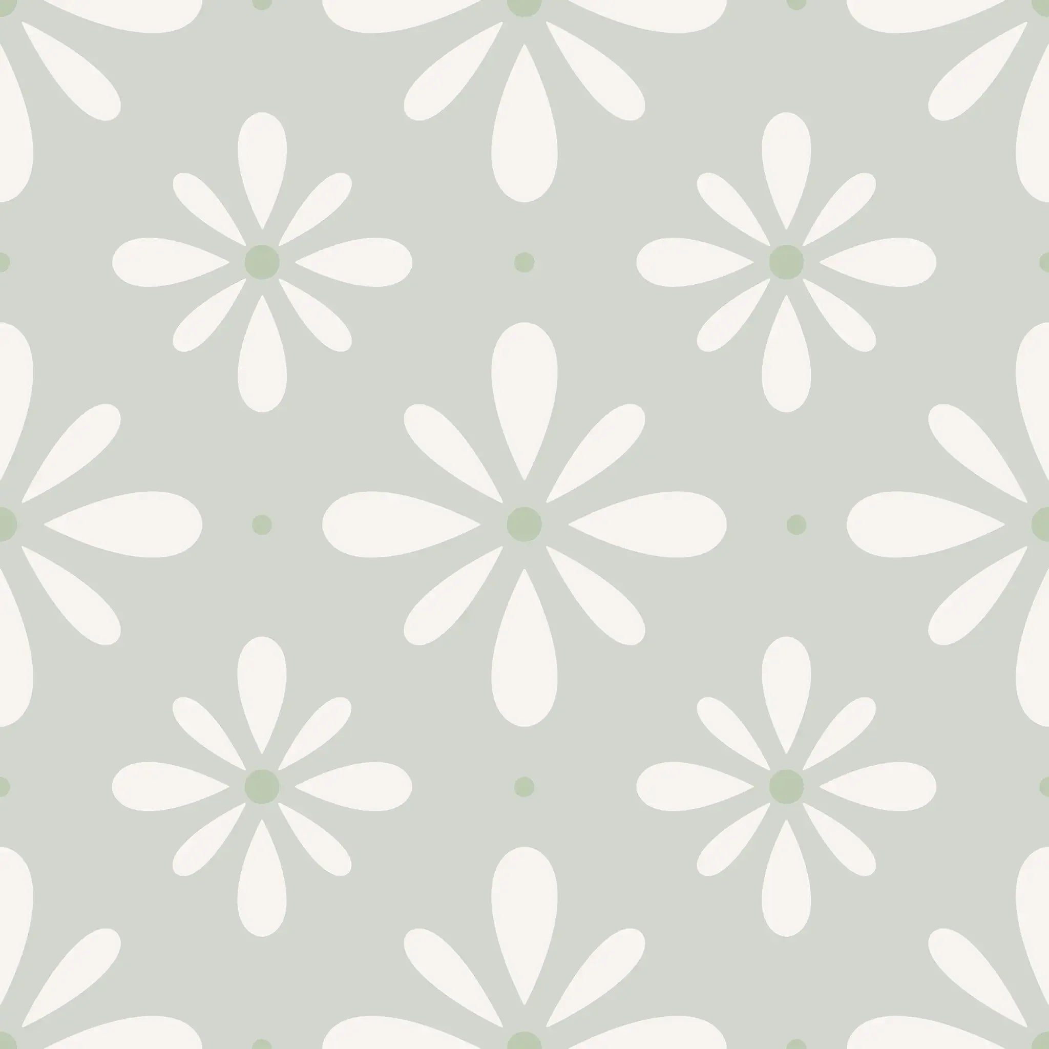 Pattern of white flowers with green centers on a light gray background