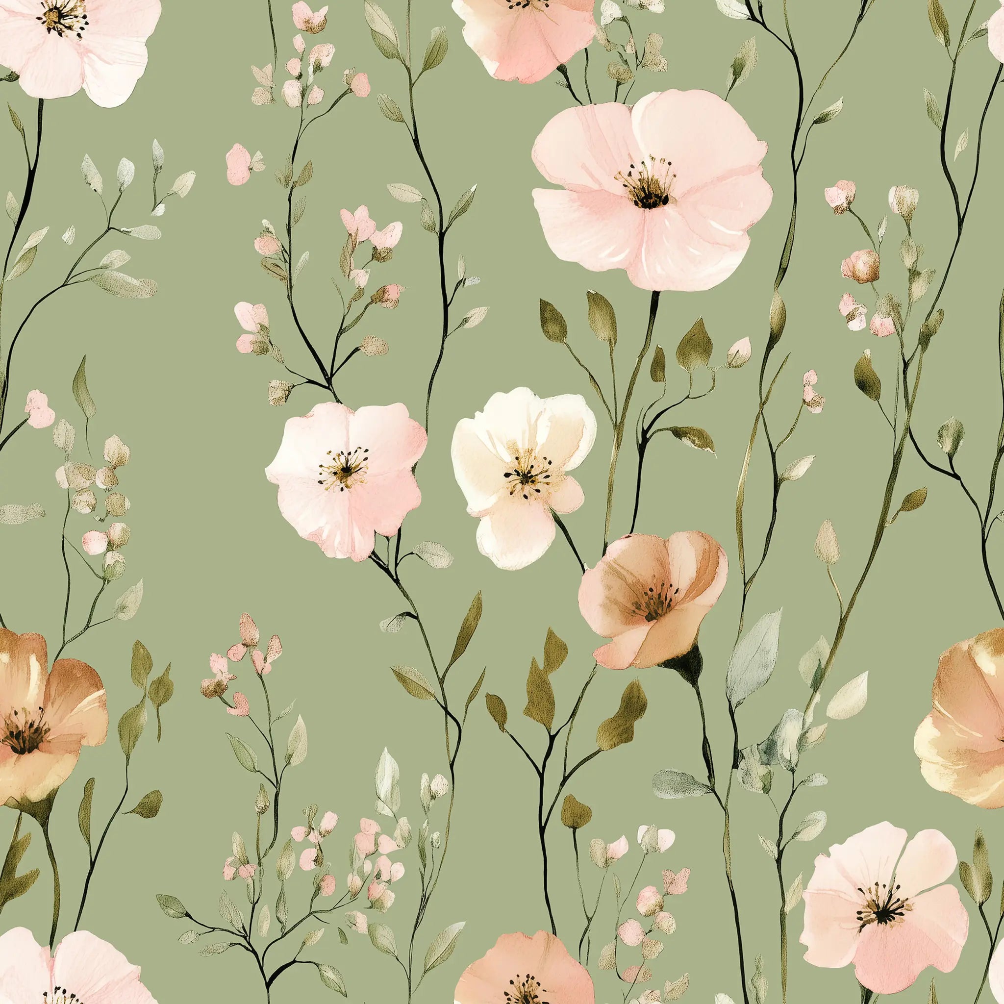Floral pattern with pink and peach flowers on a green background