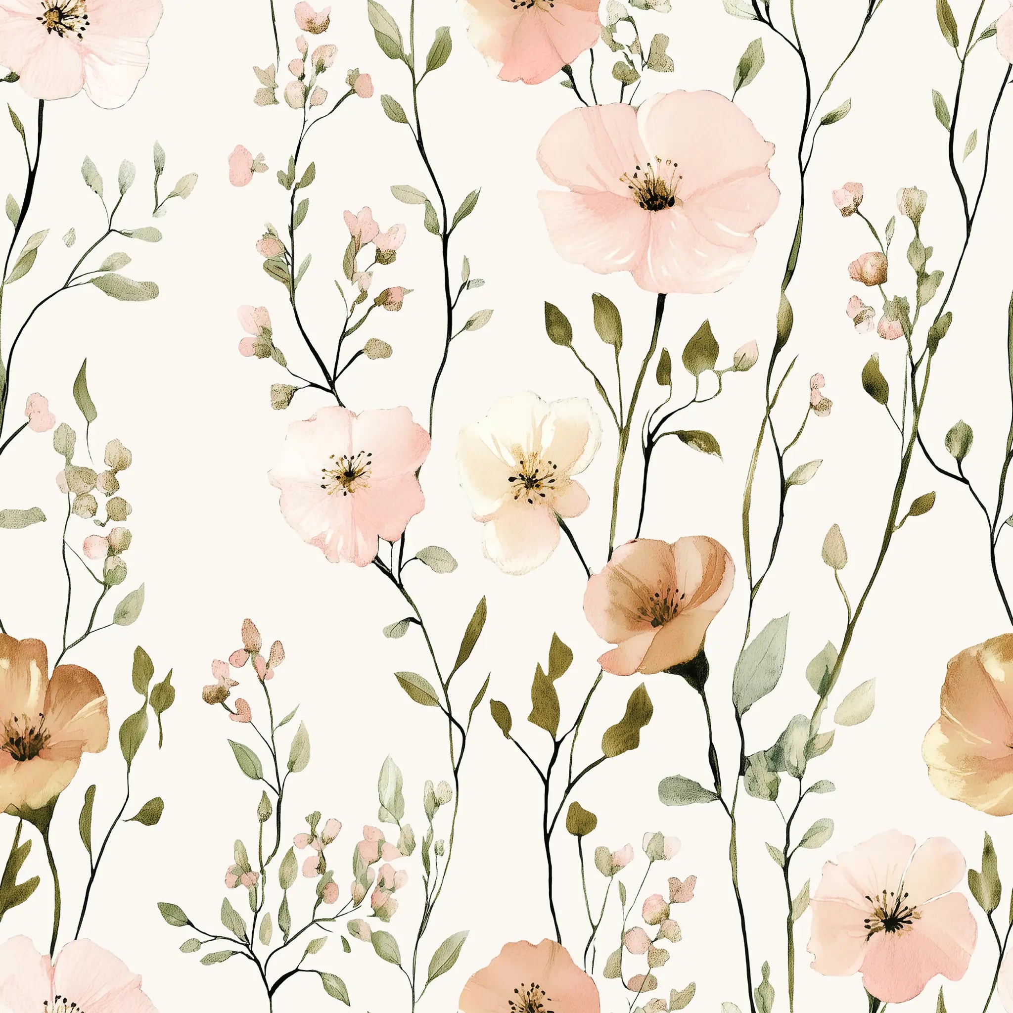 Floral pattern with pink and peach flowers on a white background