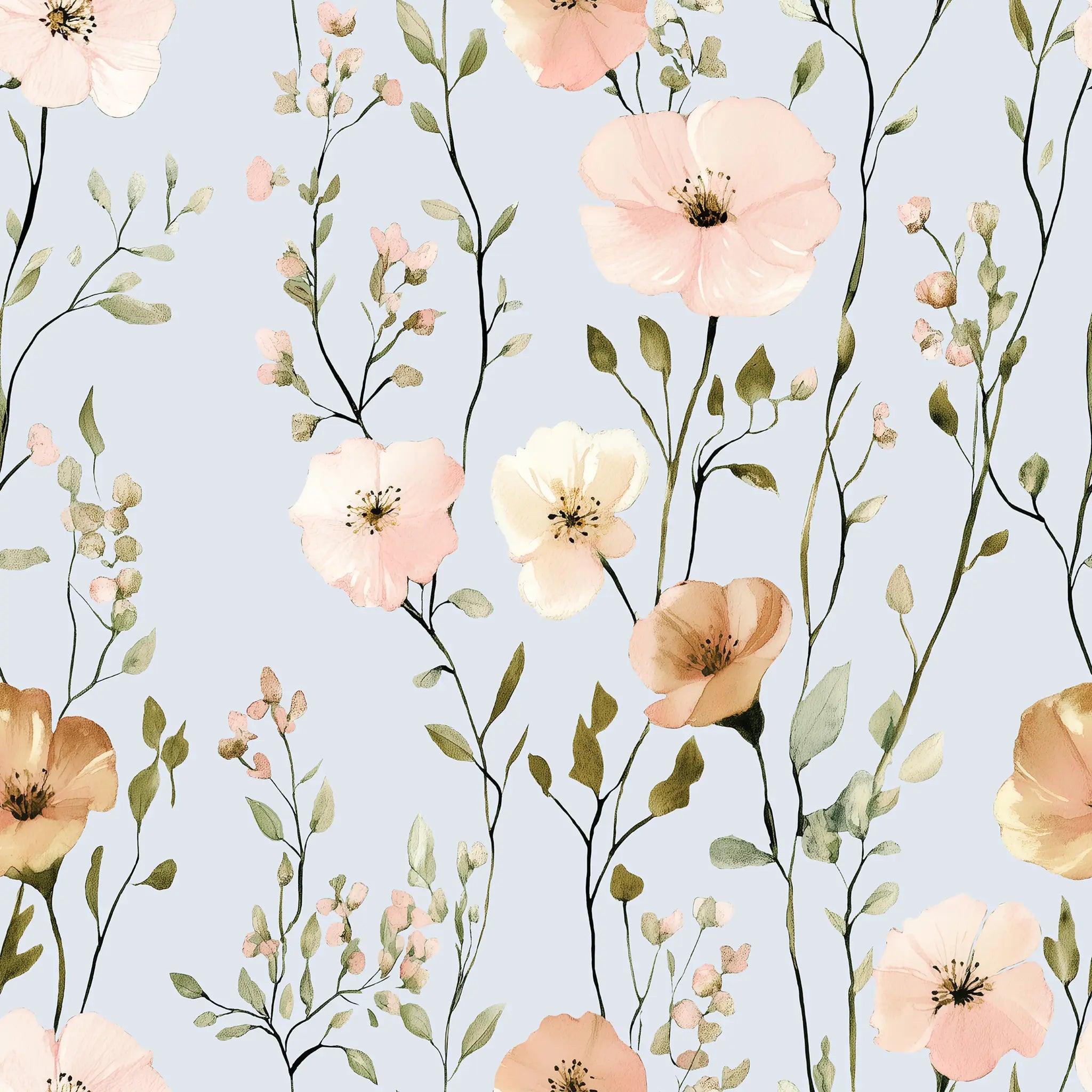 Floral pattern with pink and peach flowers on a light blue background