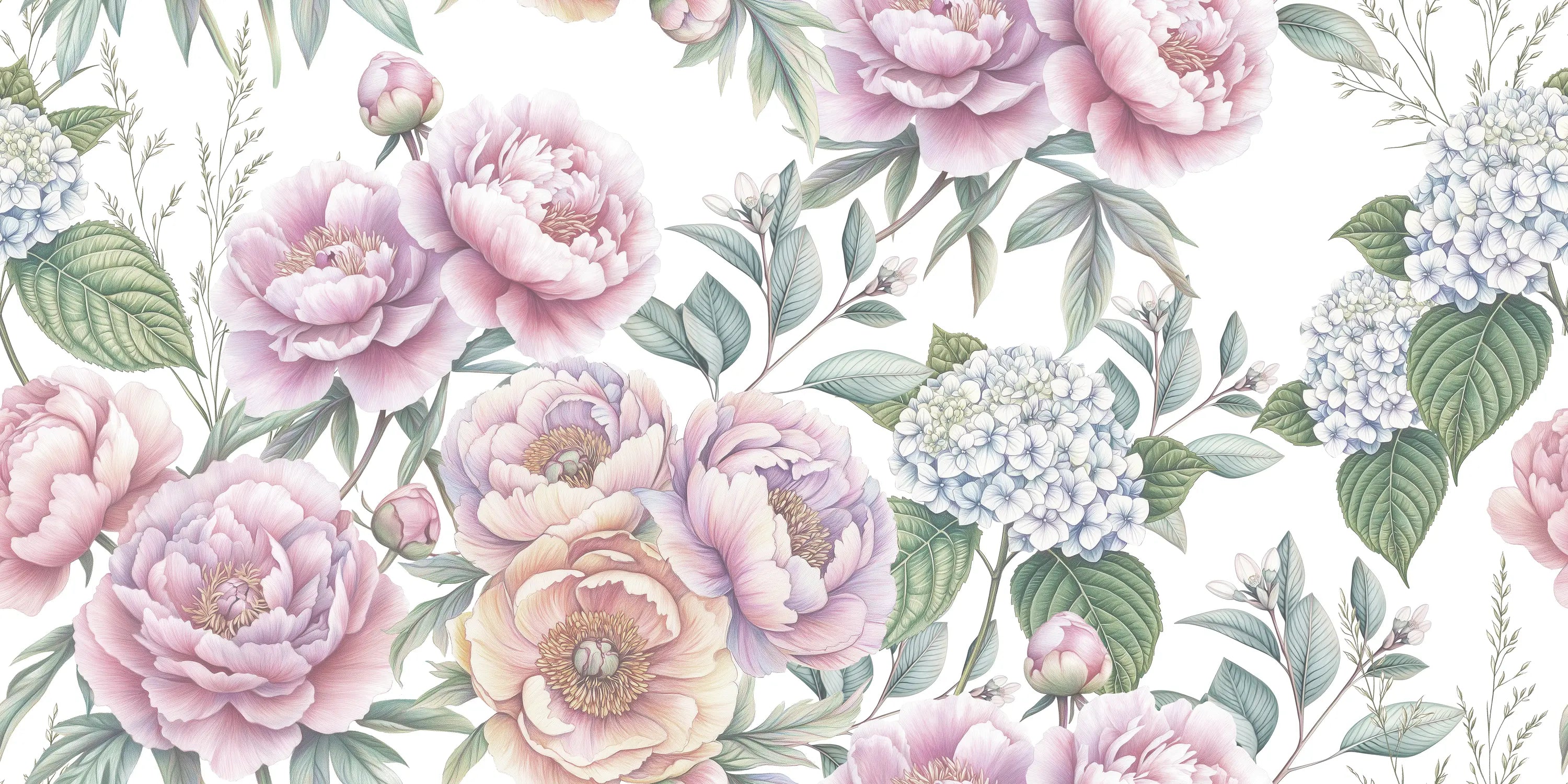 Floral pattern with pink and purple flowers on a white background