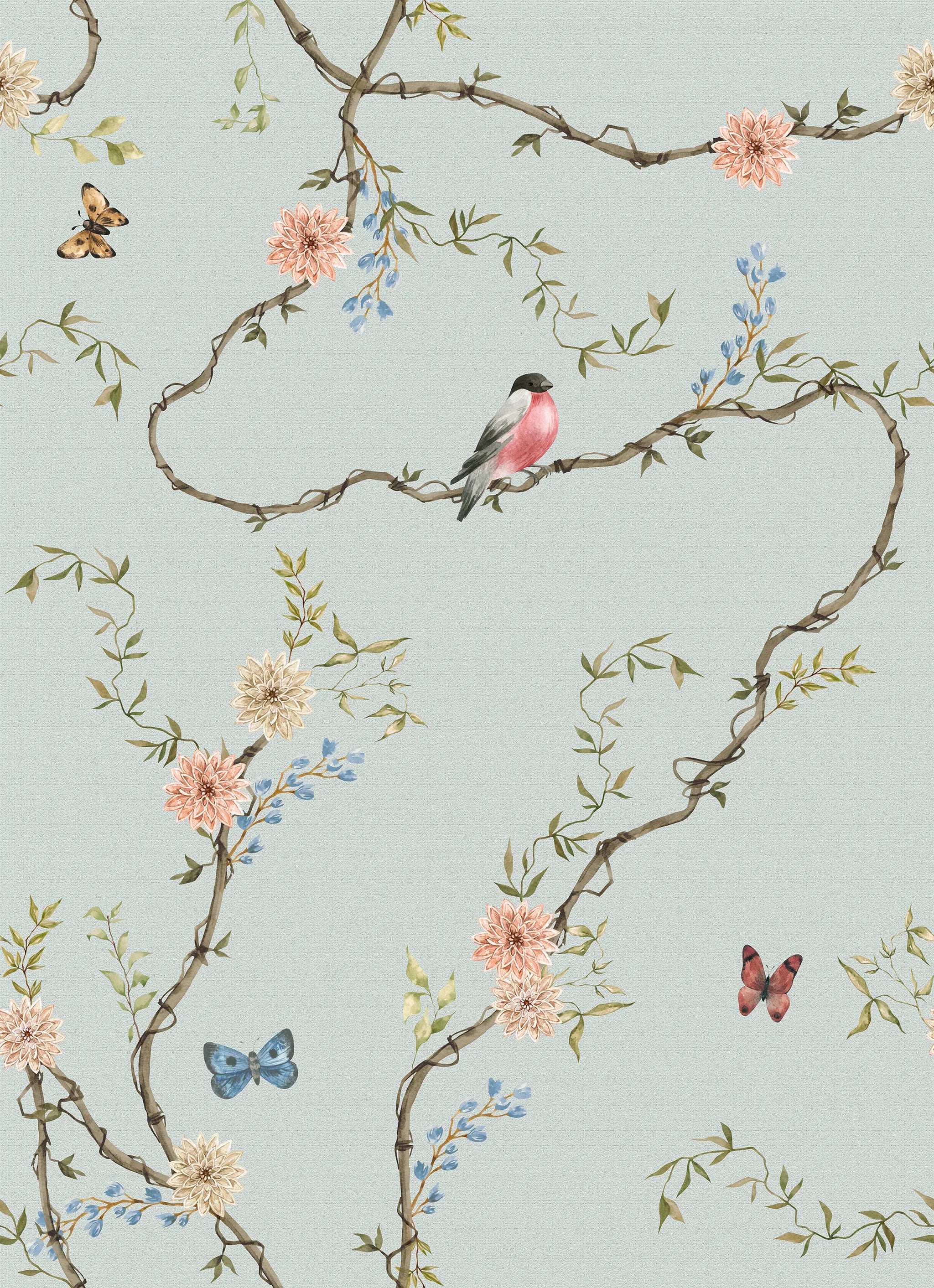 Wallpaper design with birds, flowers, and butterflies on a light blue background