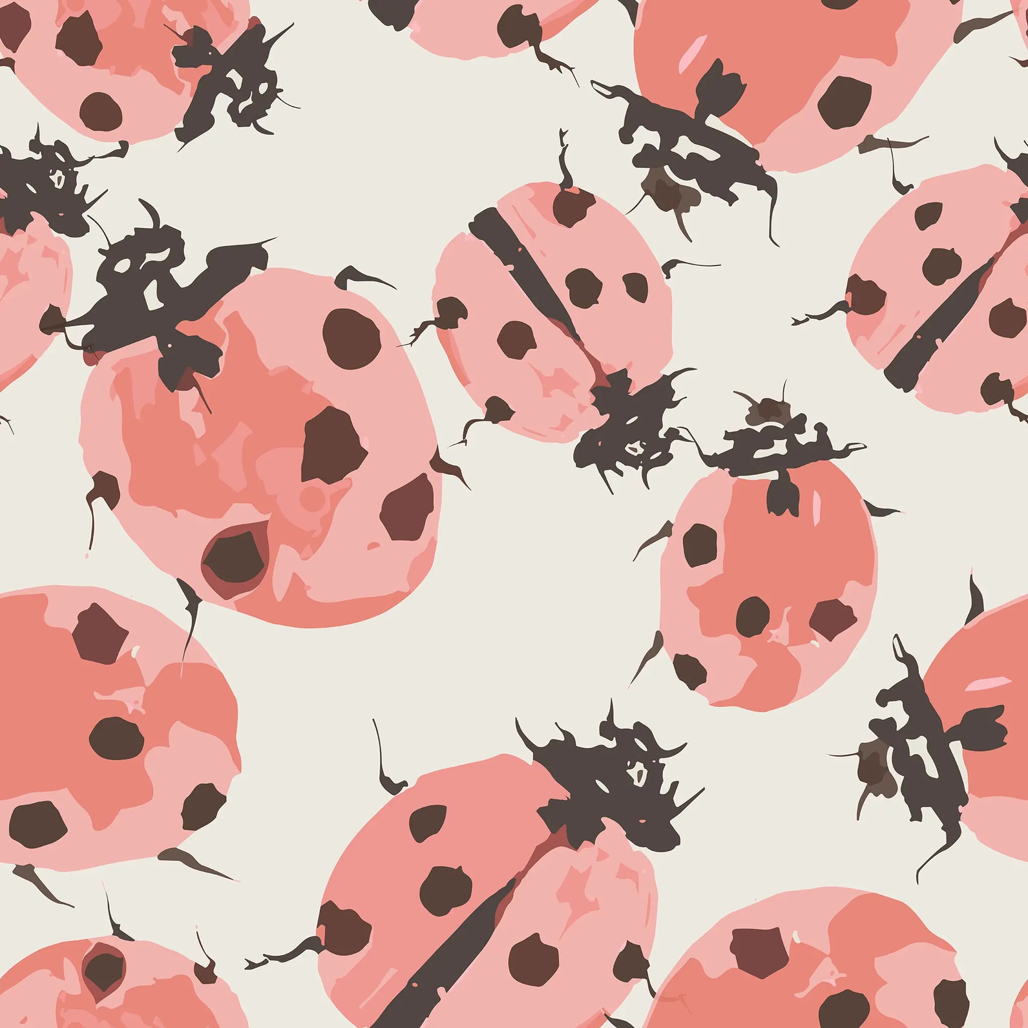 Pattern of pink ladybugs with black spots on a light background