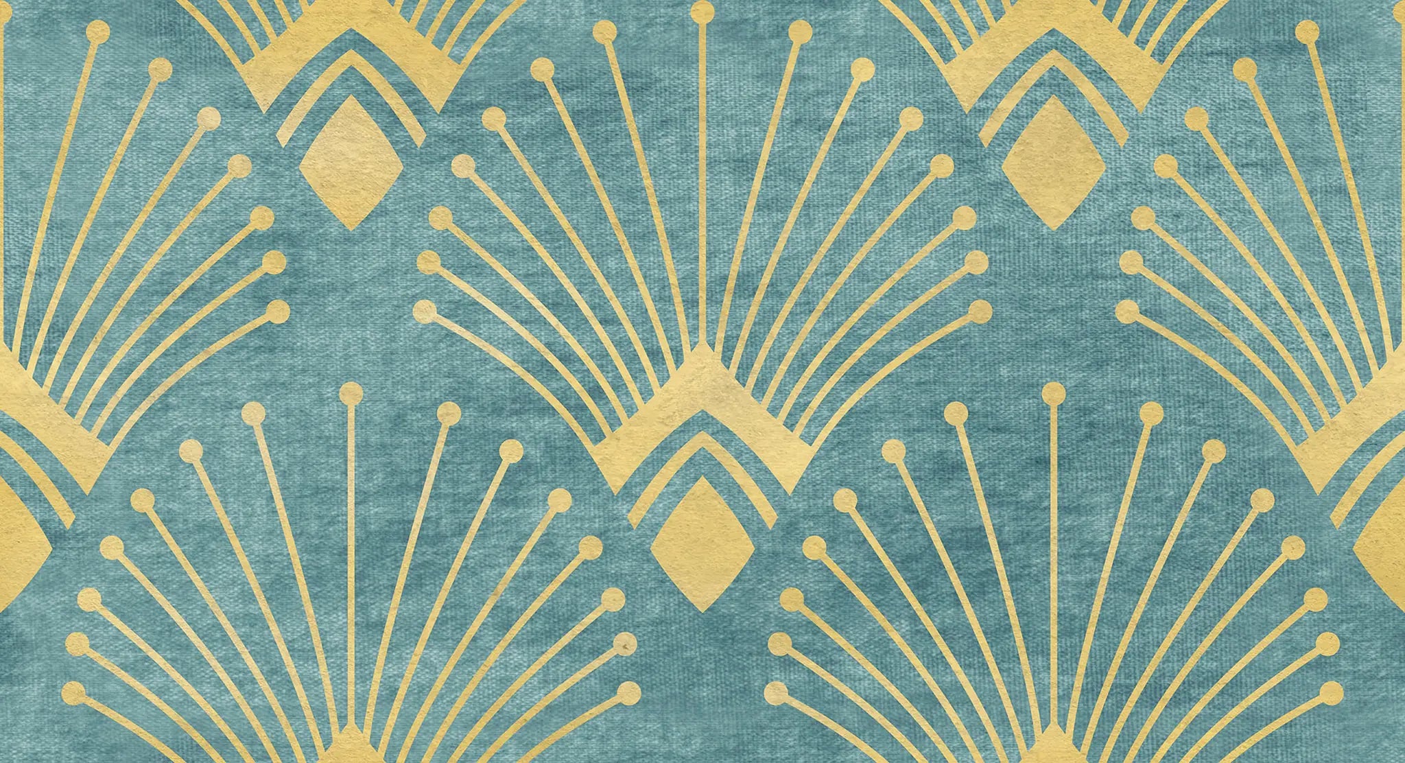 Patterned fabric with gold geometric design on a teal background