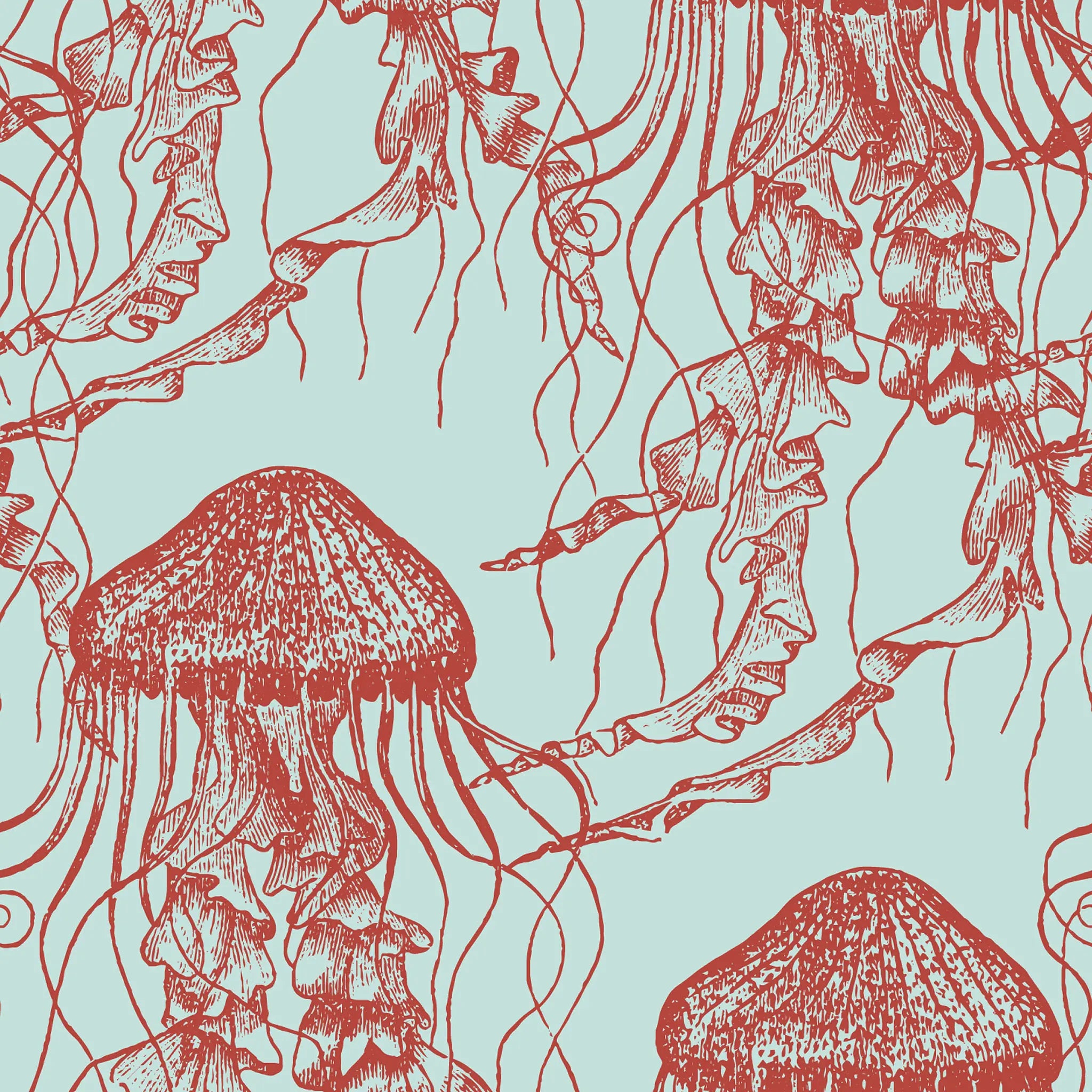 Pattern of red jellyfish illustrations on a light blue background