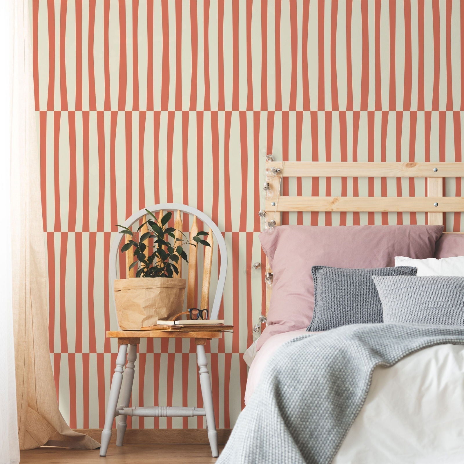 Retro Lines Peel and Stick Wallpaper, Removable Wallpaper, Traditional Wallpaper - Orange | DeccoPrint