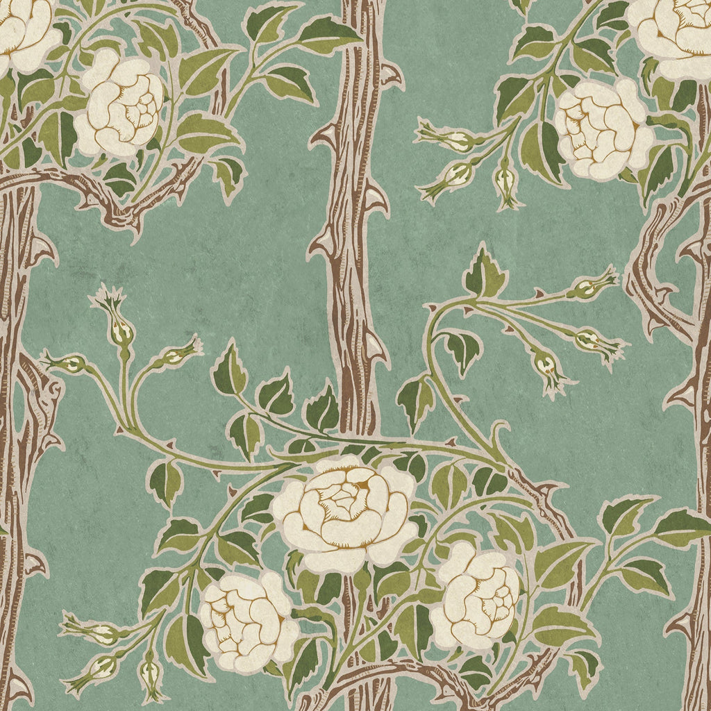 Walter Crane x Rose Bush Peel and Stick Wallpaper, Removable Wallpaper, Traditional Wallpaper - Vintage Green | DeccoPrint