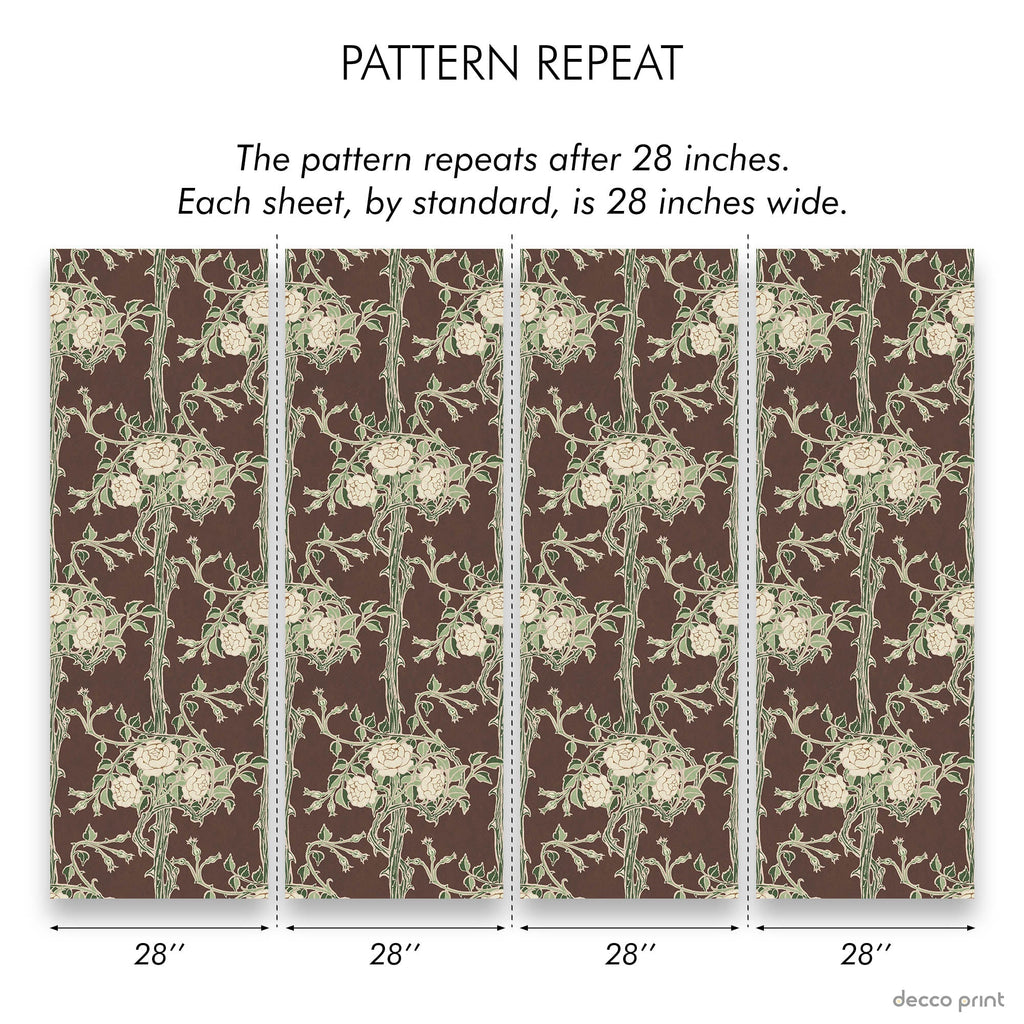 Walter Crane x Rose Bush Peel and Stick Wallpaper, Removable Wallpaper, Traditional Wallpaper - Rustic Brown | DeccoPrint