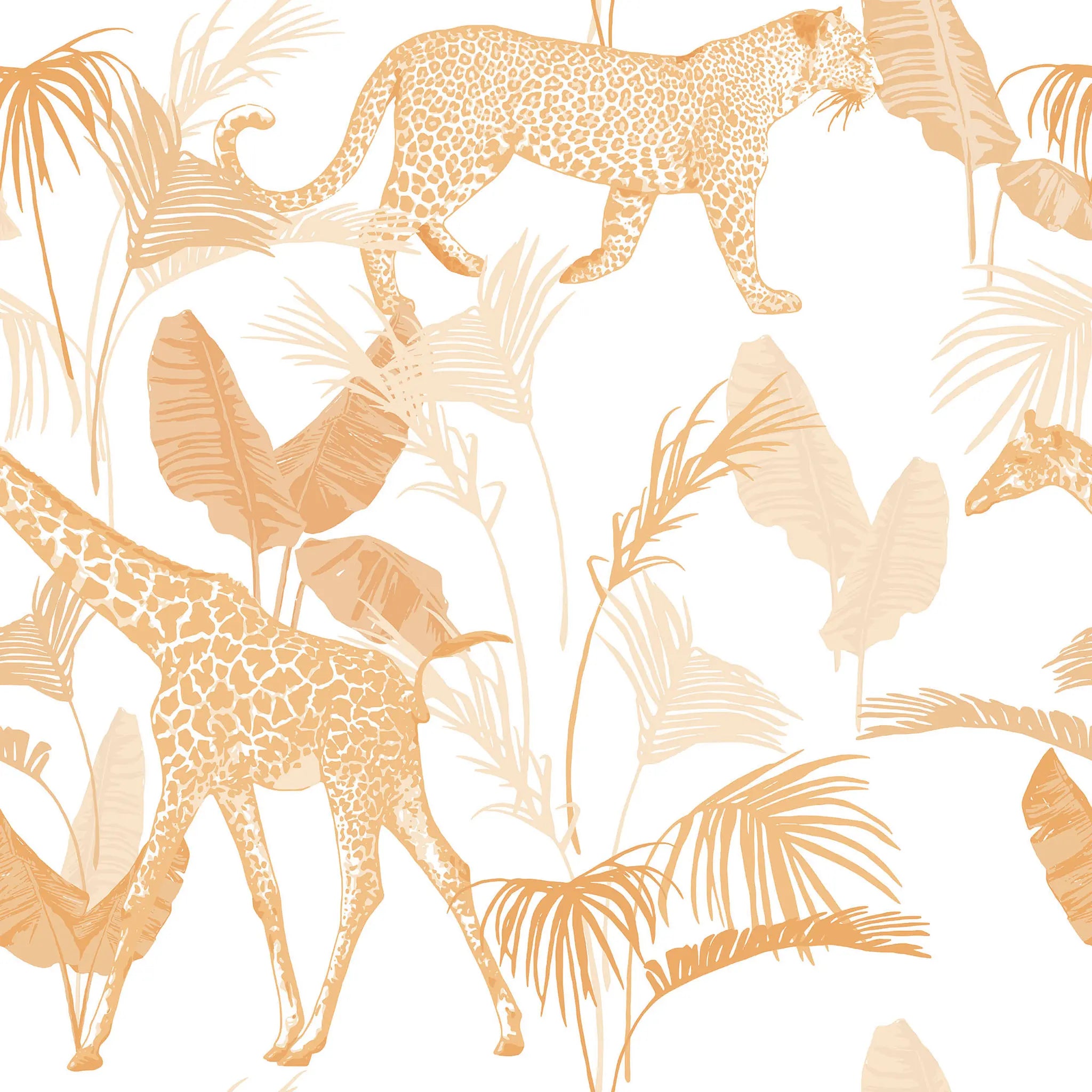 Pattern of giraffes and leaves in orange on a white background