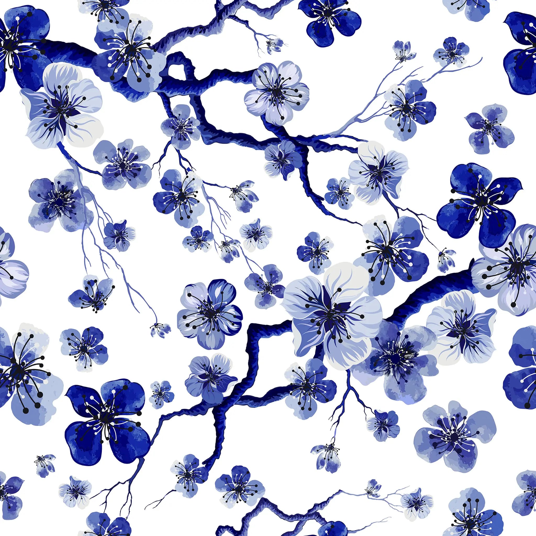 Pattern of blue and white flowers on a white background