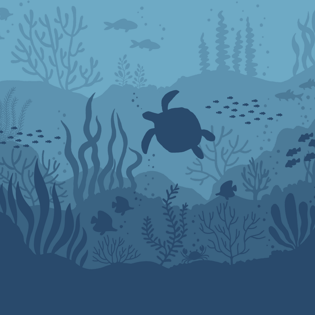 Underwater scene with a turtle and fish, featuring blue coral and plants.