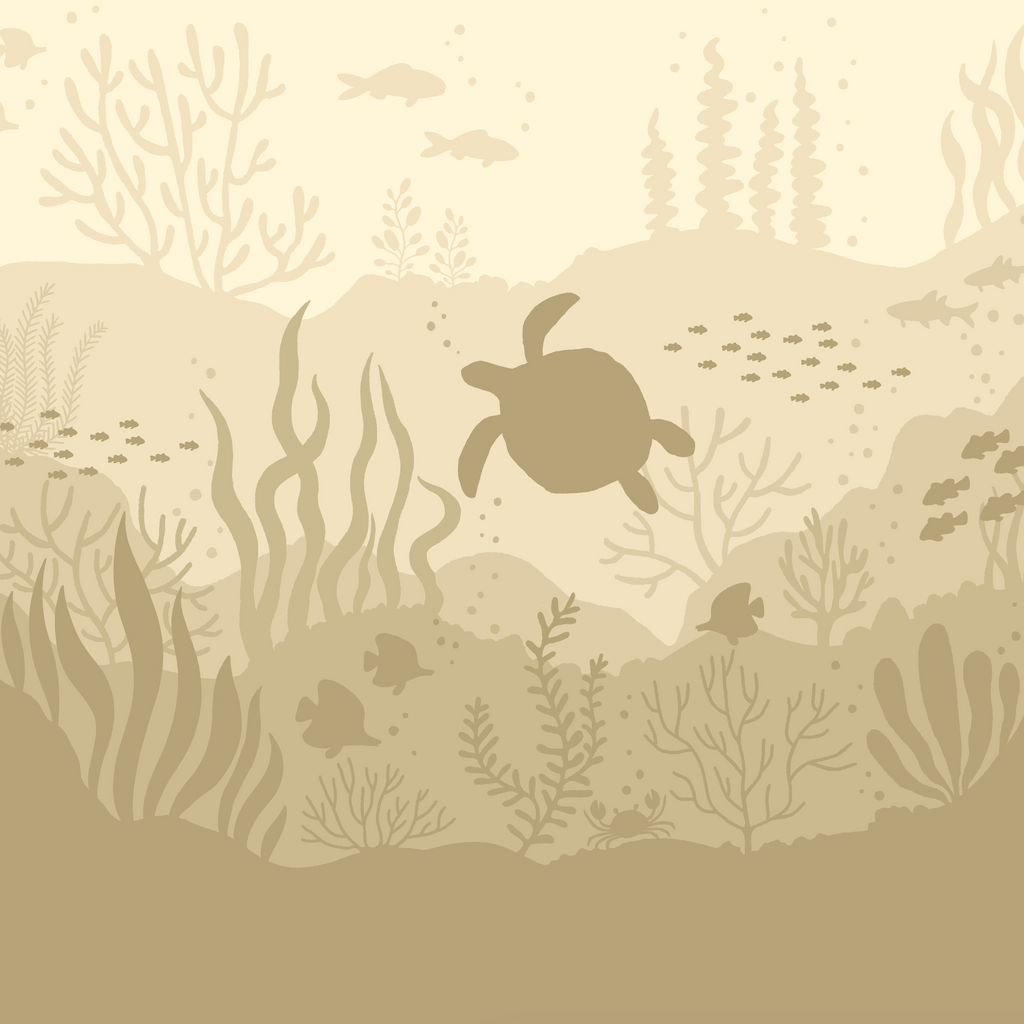 Underwater scene with a turtle and marine life on a beige background