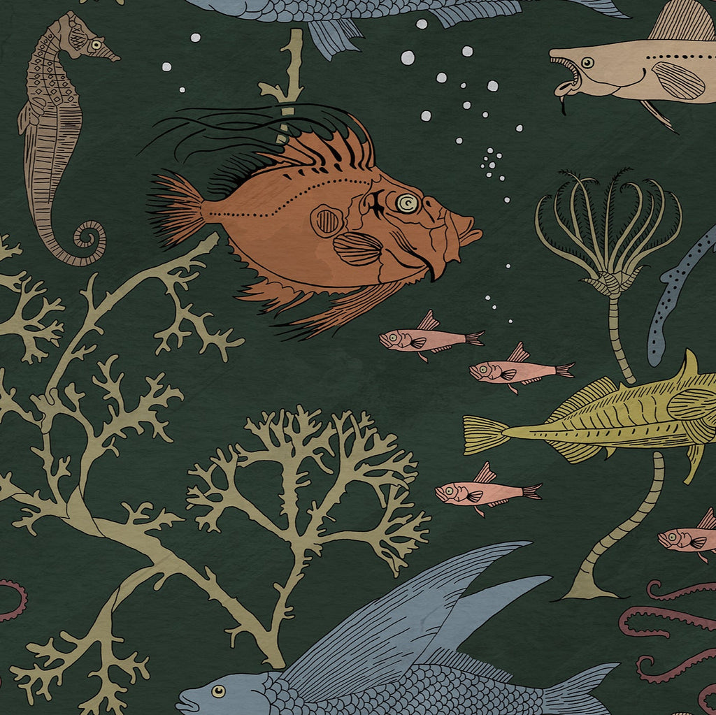 Maurice Pillard Verneuil x  Sea Creatures Peel and Stick Wallpaper, Removable Wallpaper, Traditional Wallpaper - Dark Green | DeccoPrint