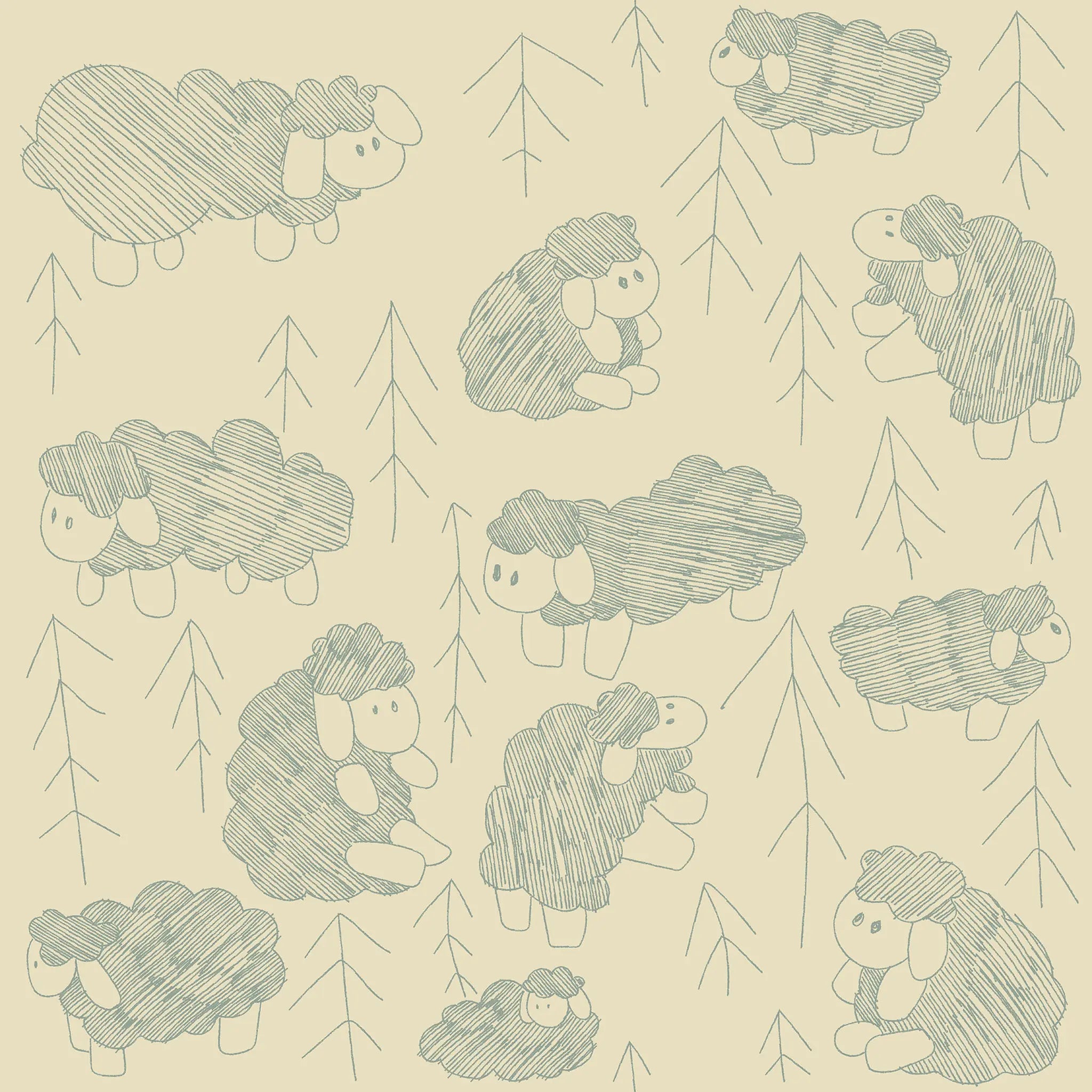 Pattern of stylized sheep and trees on a beige background