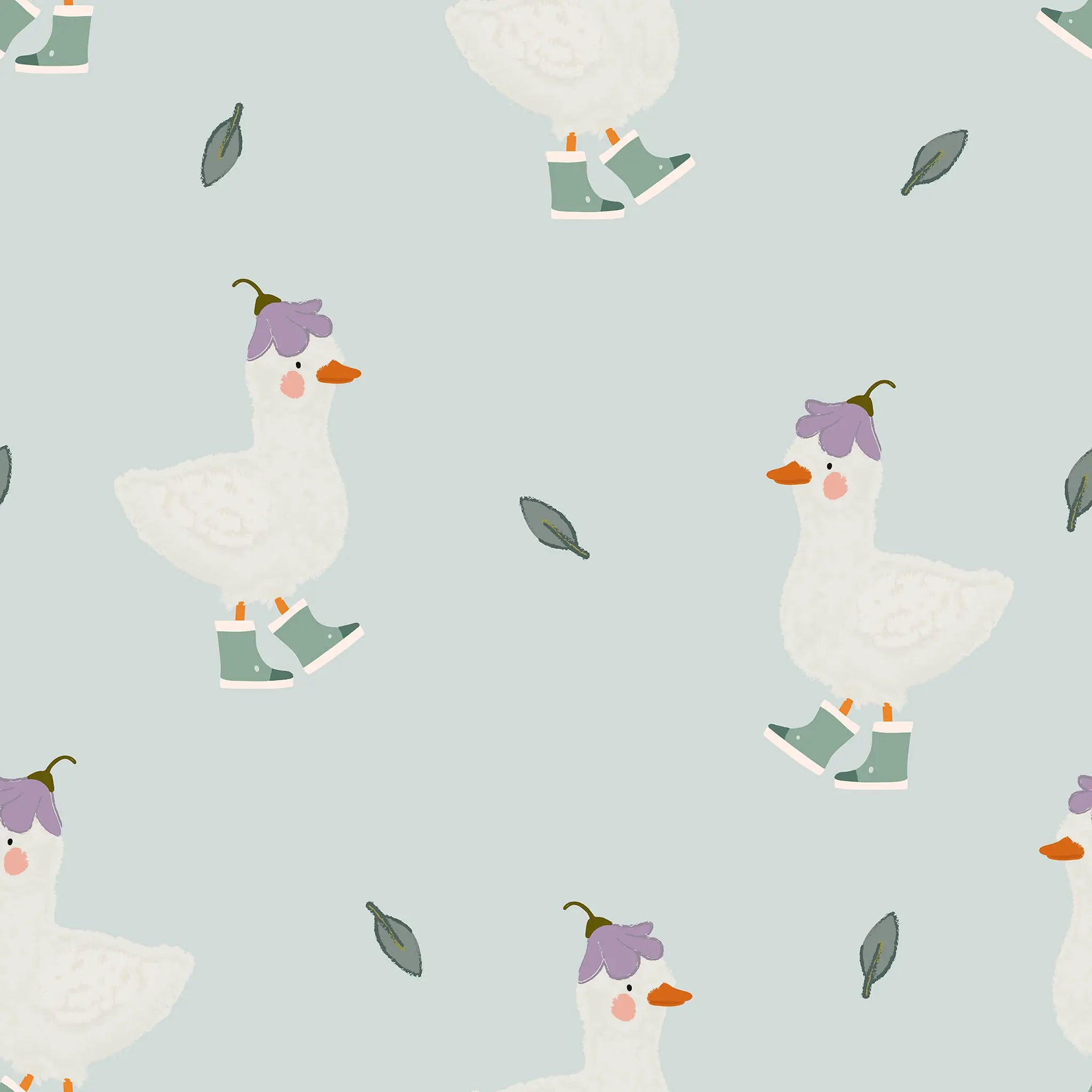 Pattern of cartoon ducks with green boots and purple flower hats on a light blue background