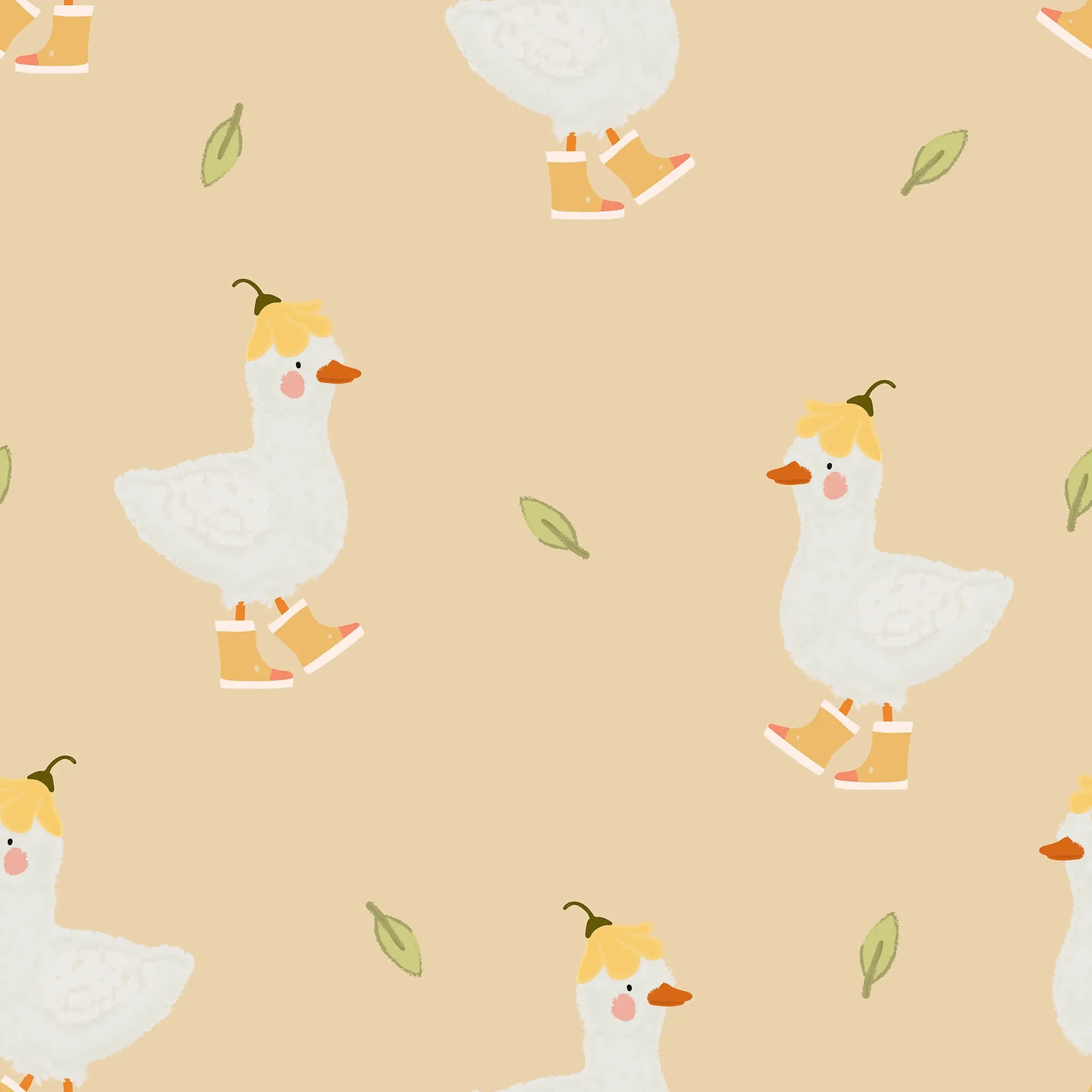 Pattern of cartoon geese with hats and boots on a beige background