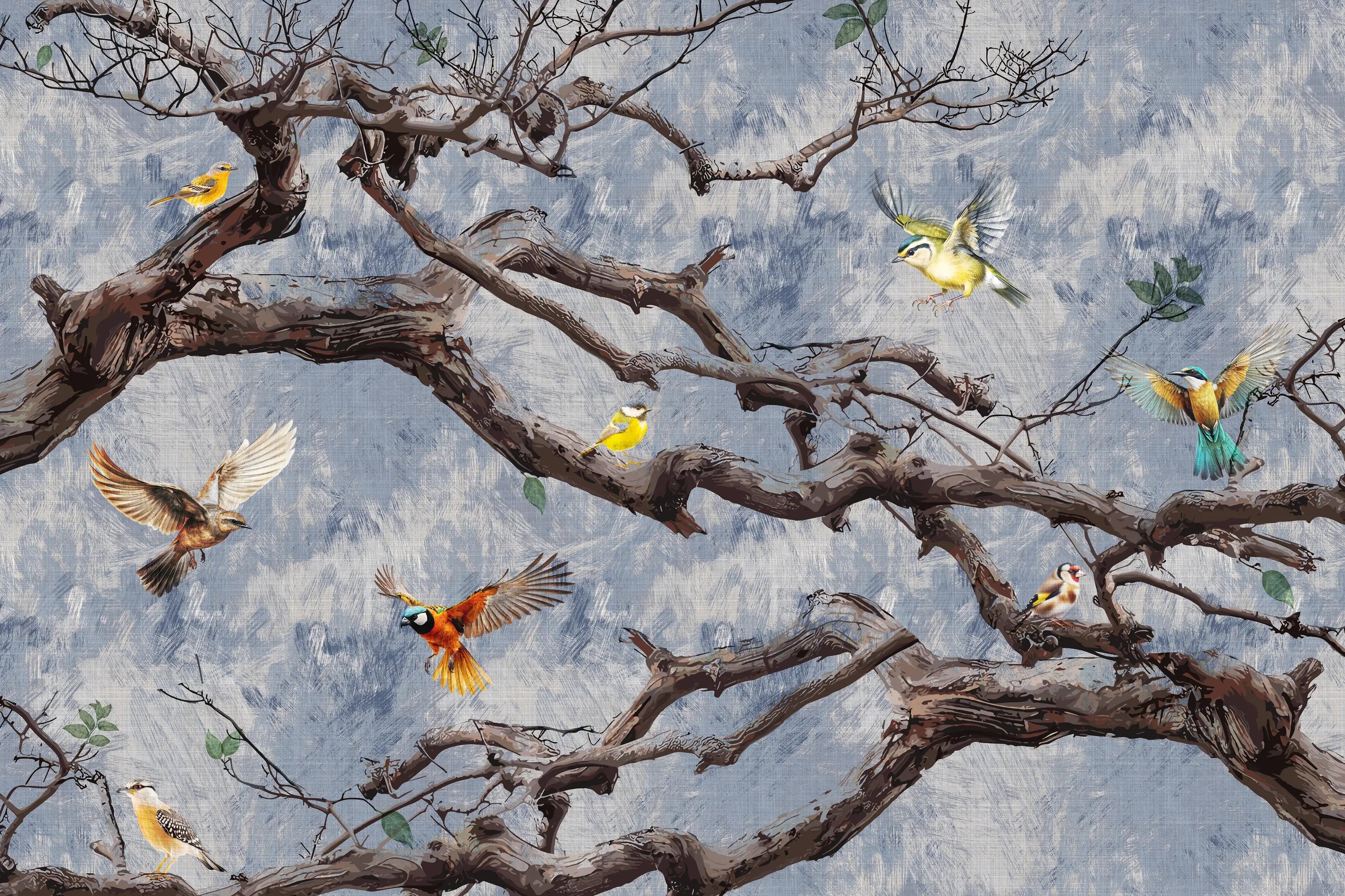 Birds perched and flying on a branch against a textured blue background