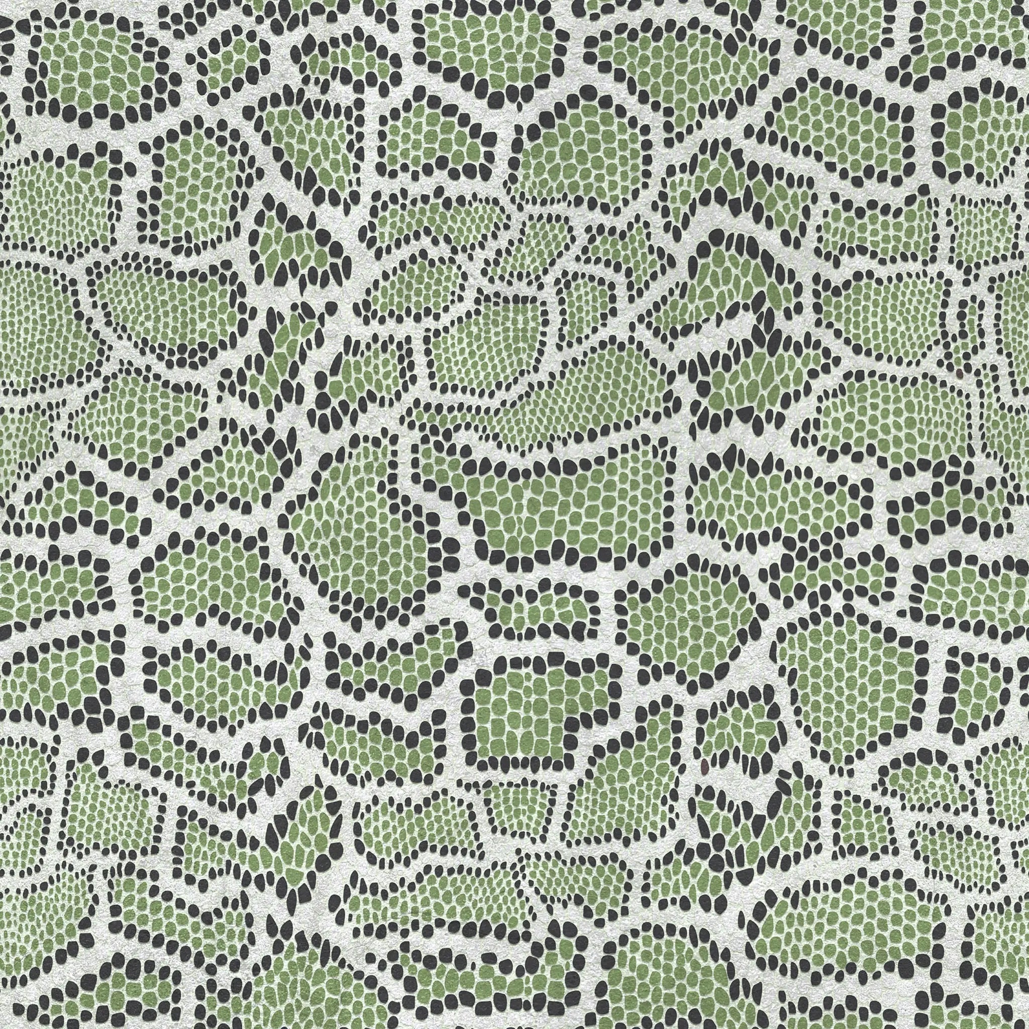 Pattern of green and black snake skin-like design on a white background