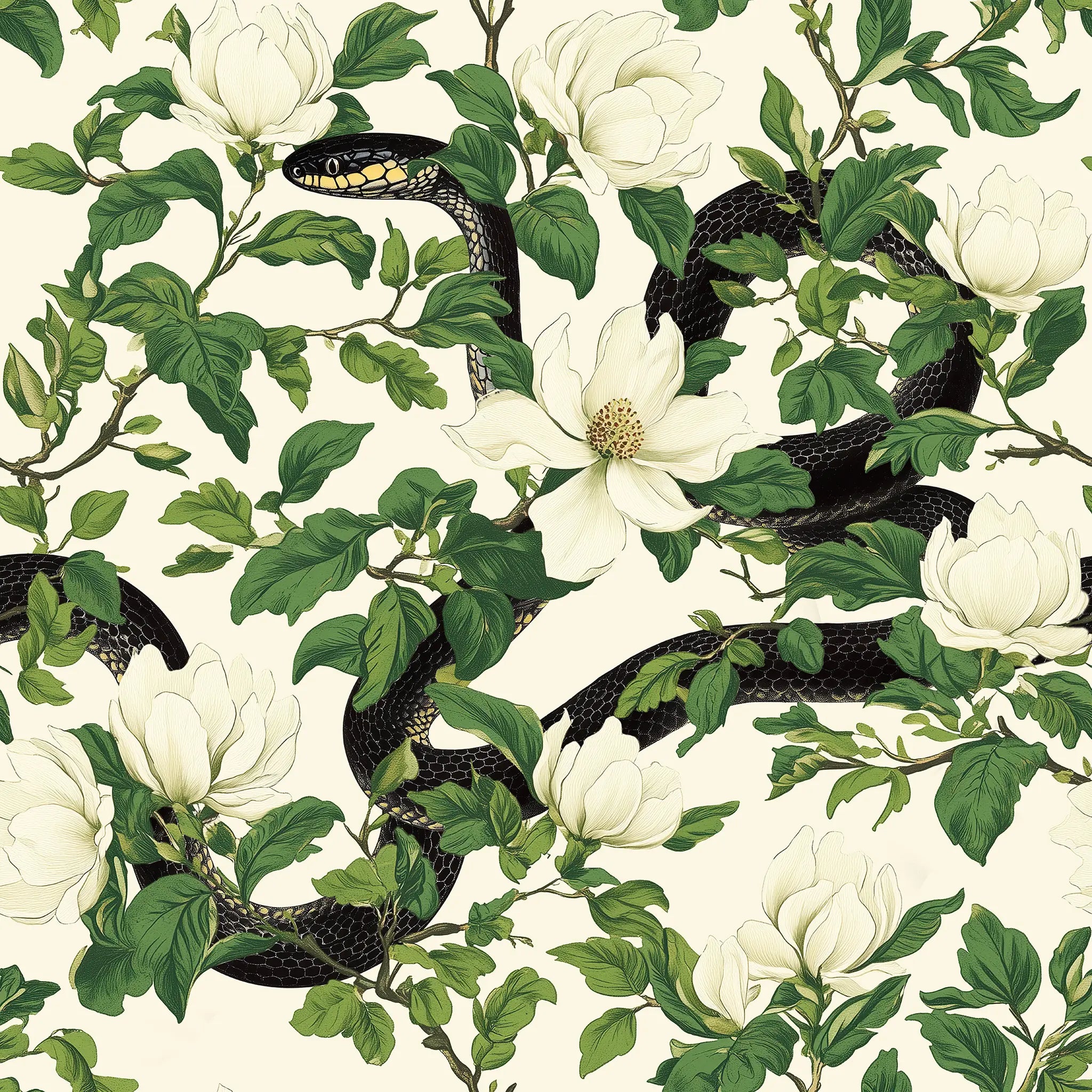 Pattern of white flowers and black snakes on a beige background