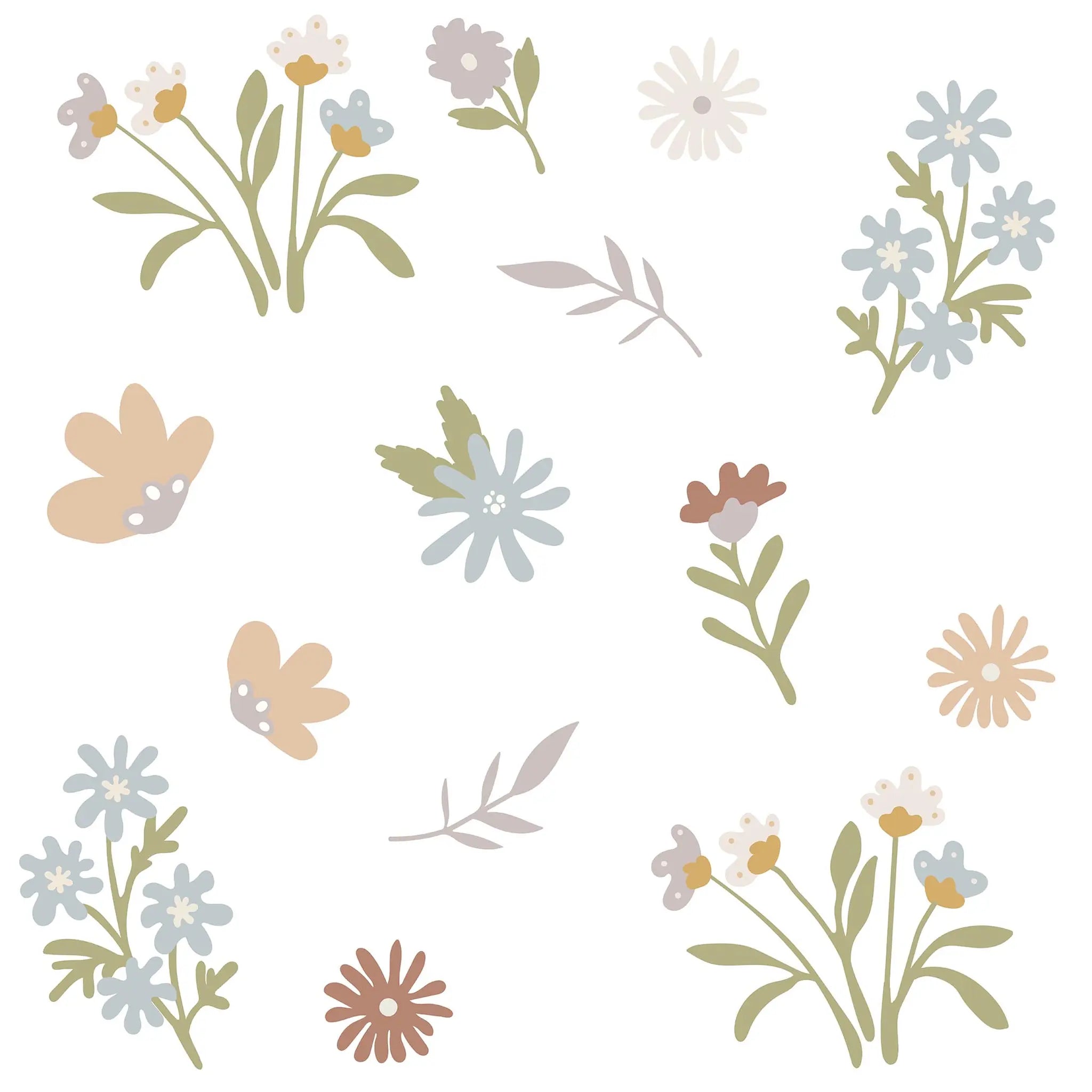 Pattern of small flowers and leaves on a white background