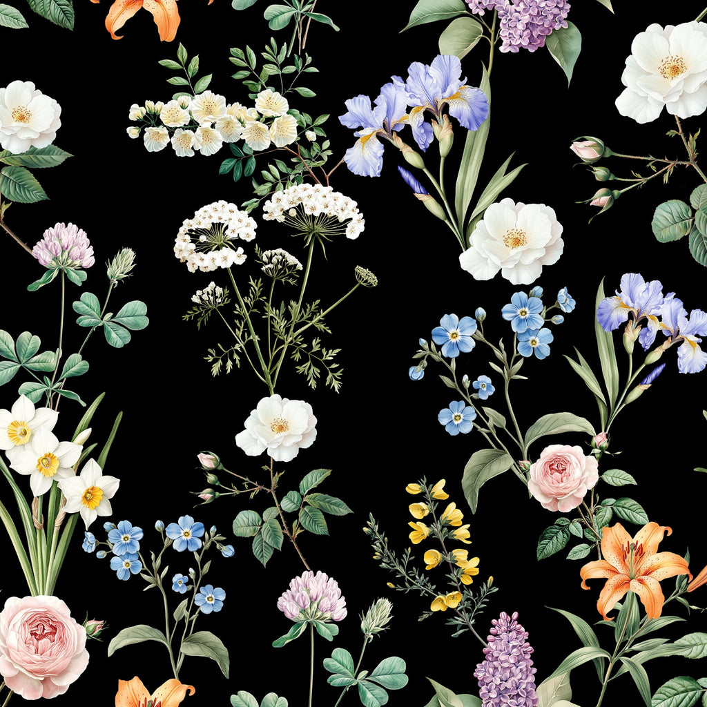 Floral pattern with various flowers on a black background