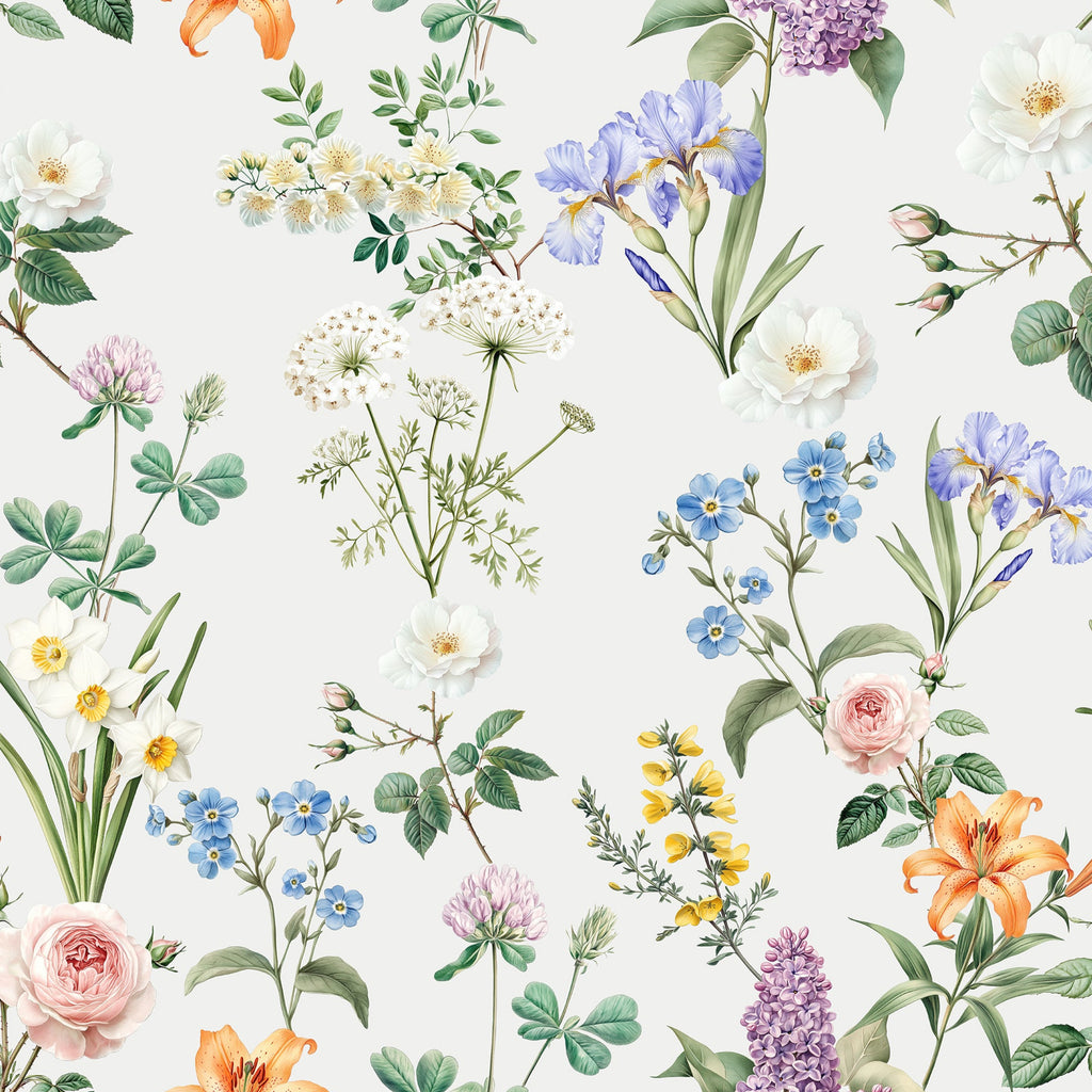Pattern of various flowers and leaves on a white background