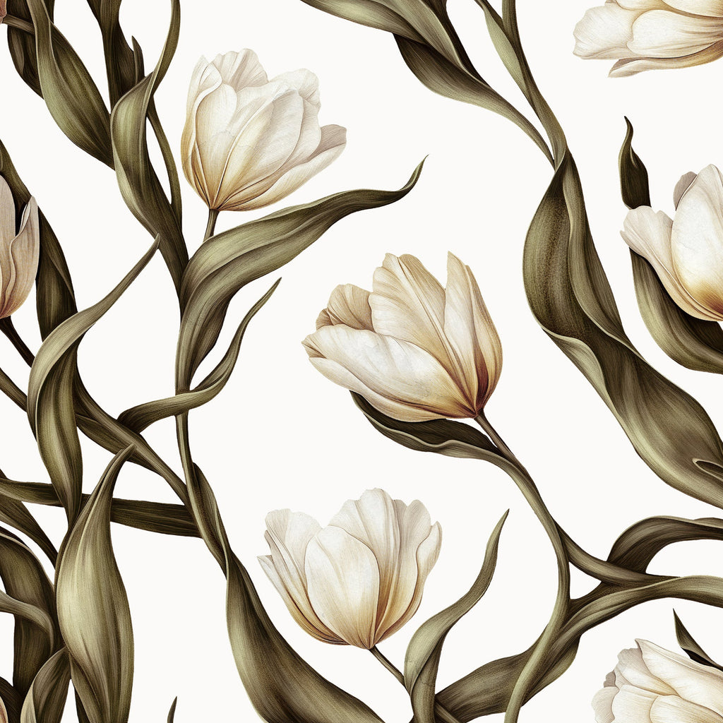 Pattern of beige tulips with green leaves on a light background