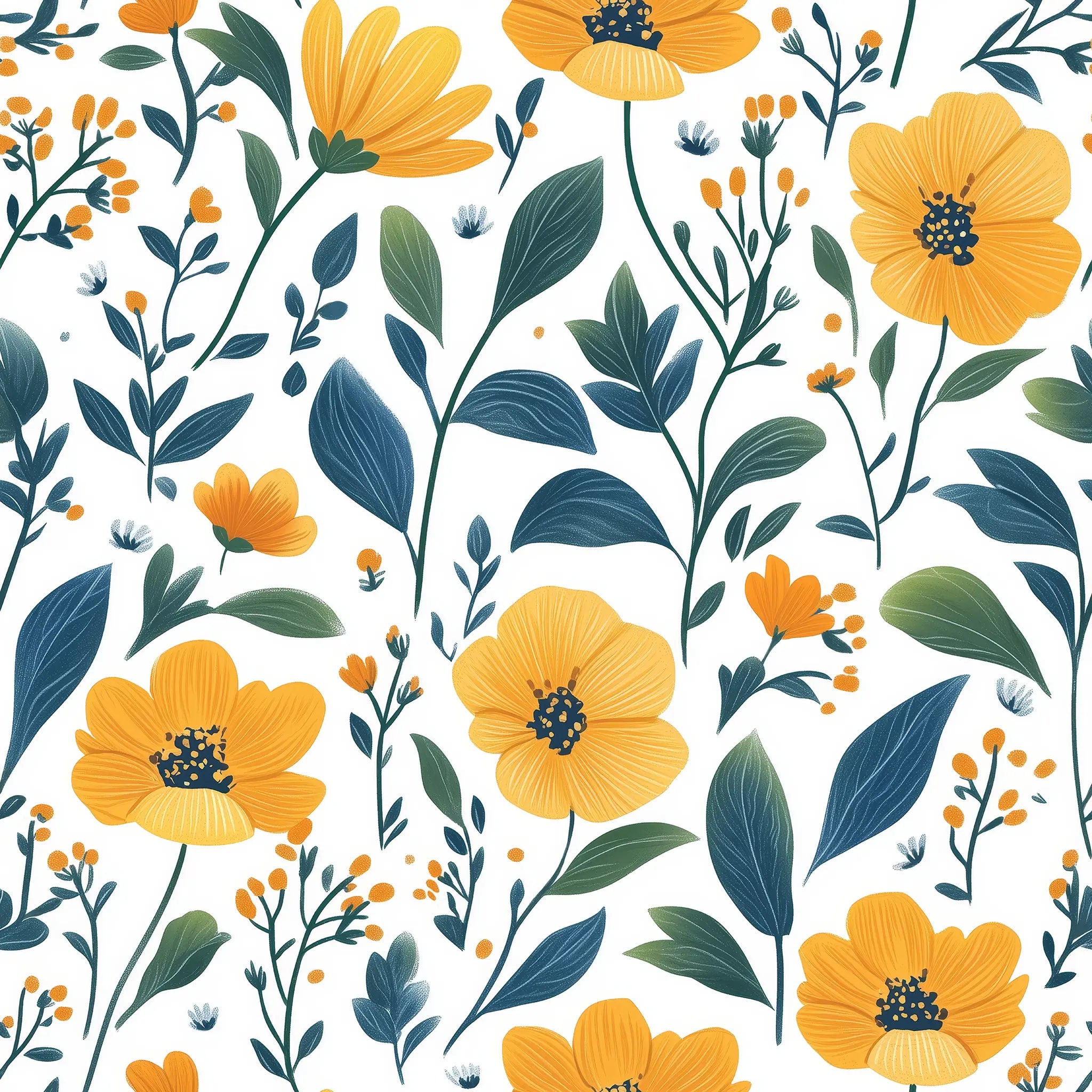Pattern of yellow flowers and green leaves on a white background