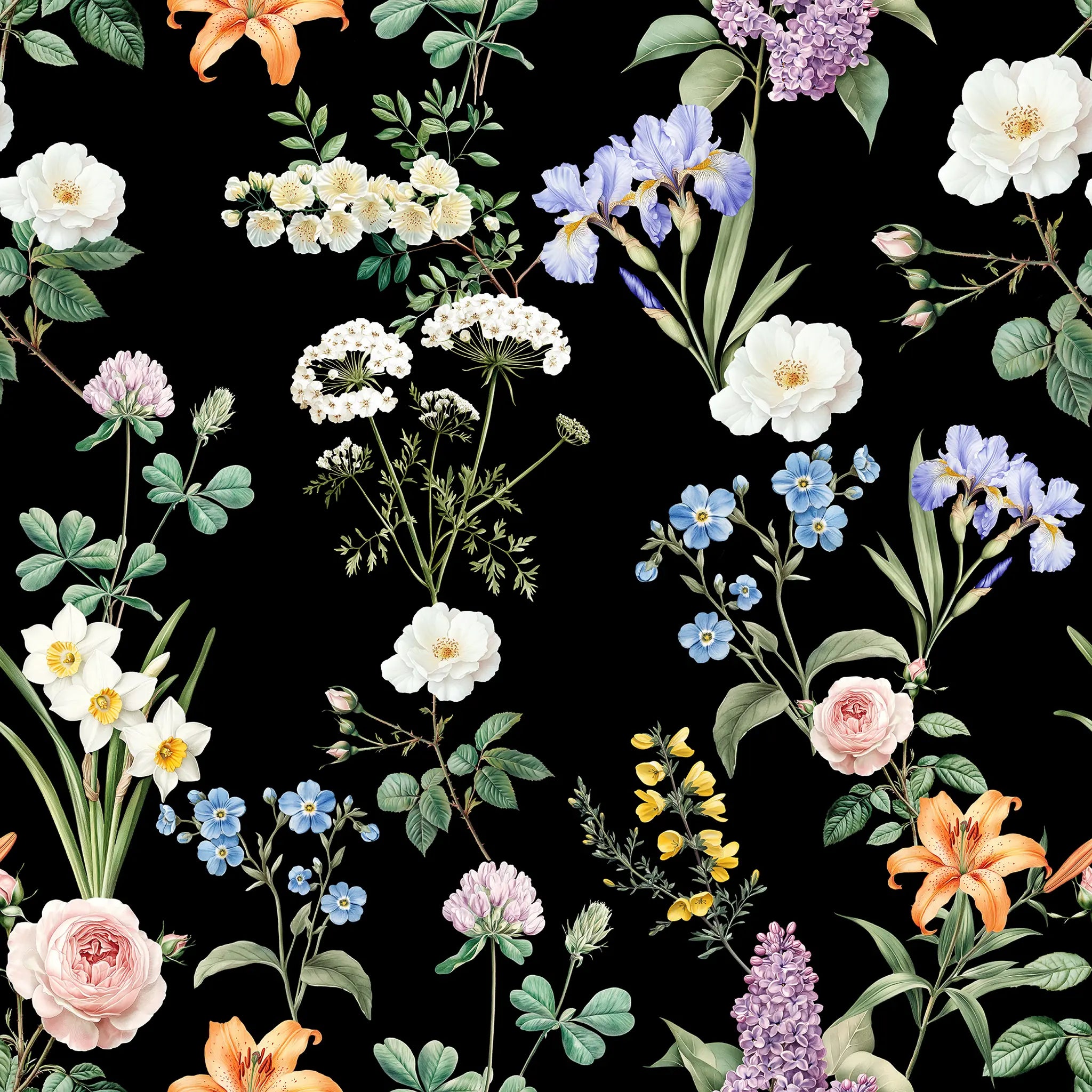 Floral pattern with various flowers on a black background