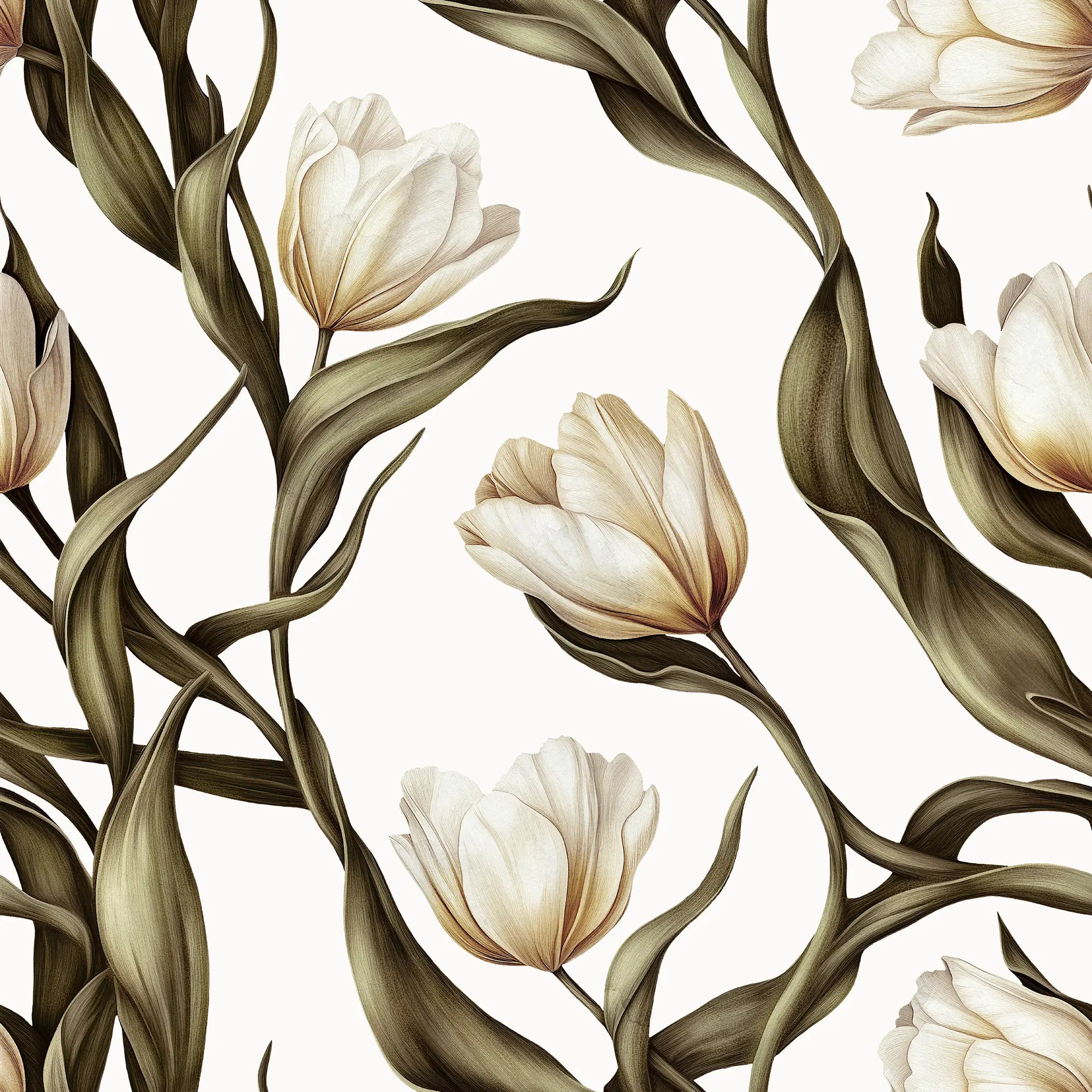 Pattern of beige tulips with green leaves on a light background