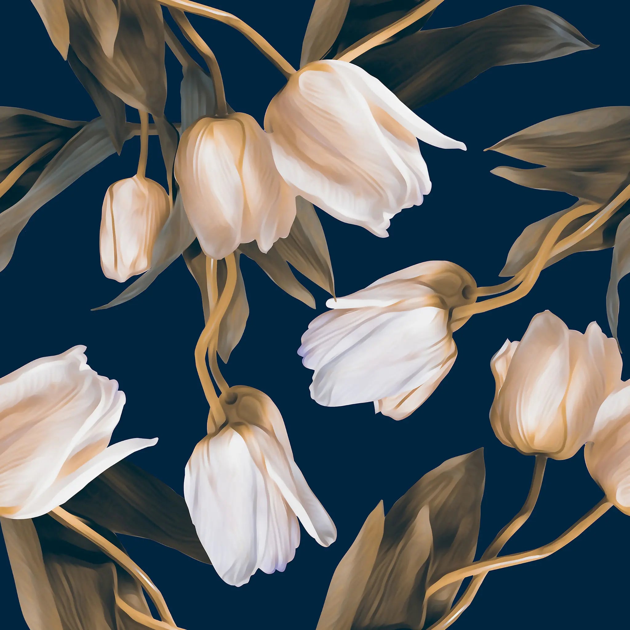 Pattern of beige tulips on a dark blue background
