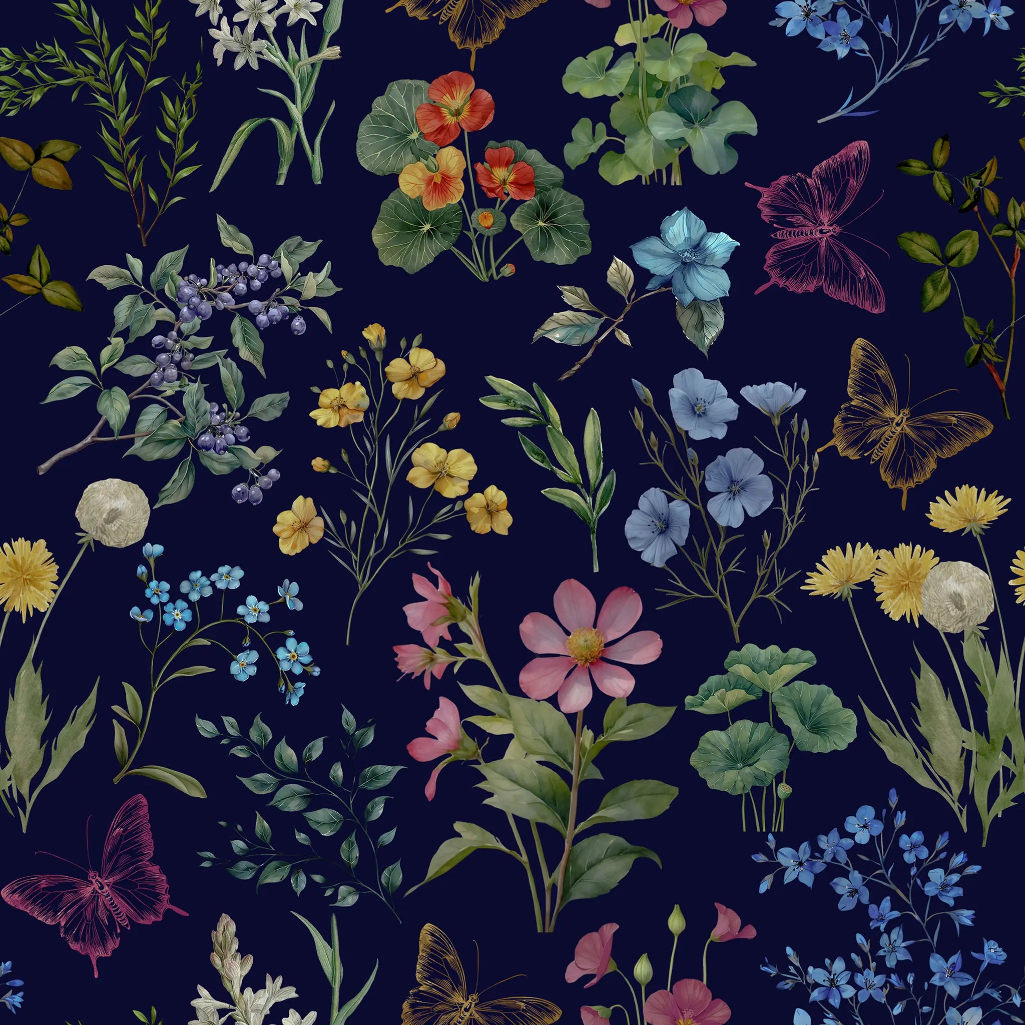 Colorful floral and butterfly pattern on a dark blue background