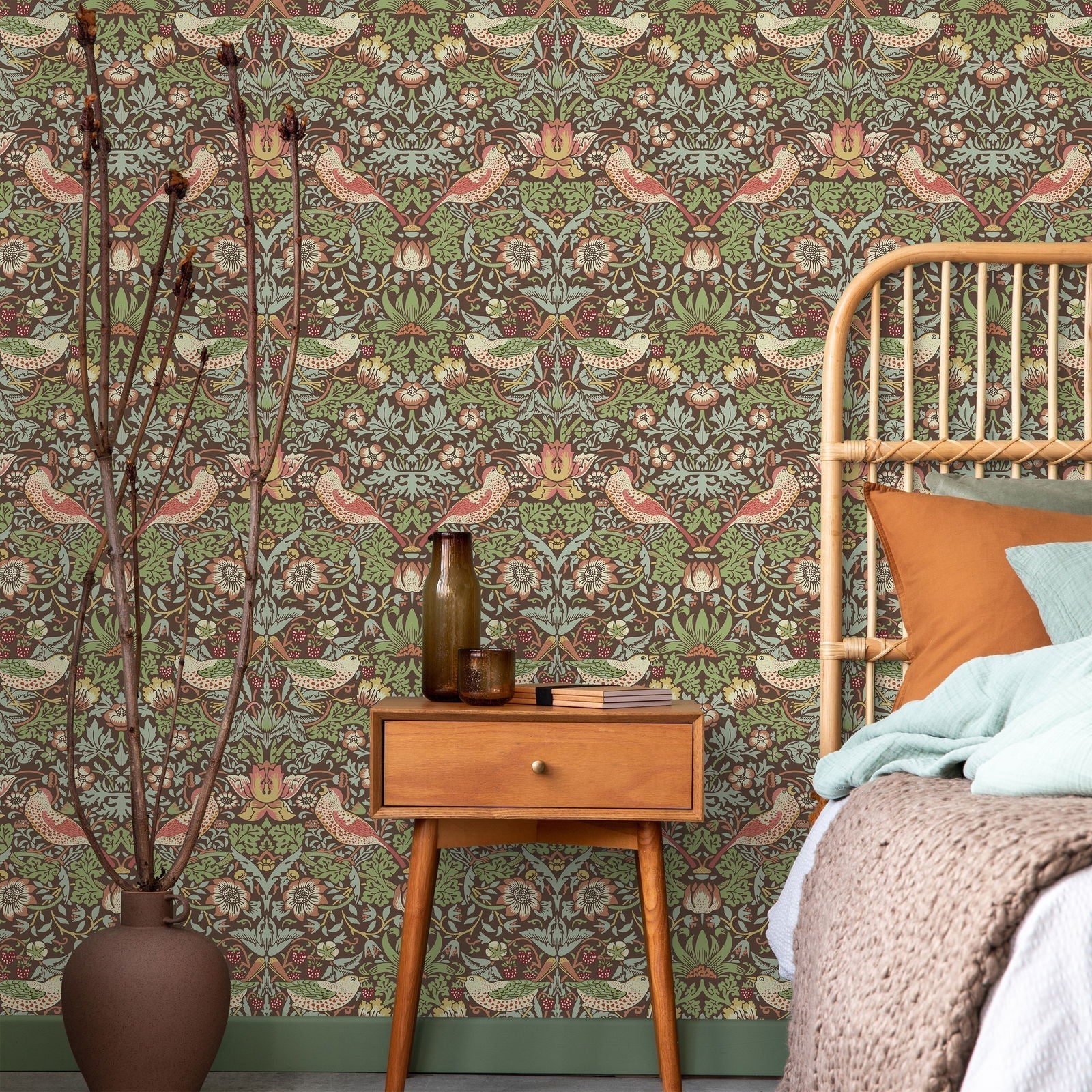 William Morris X Strawberry Thief Peel and Stick Wallpaper, Removable Wallpaper, Traditional Wallpaper - Brown | DeccoPrint