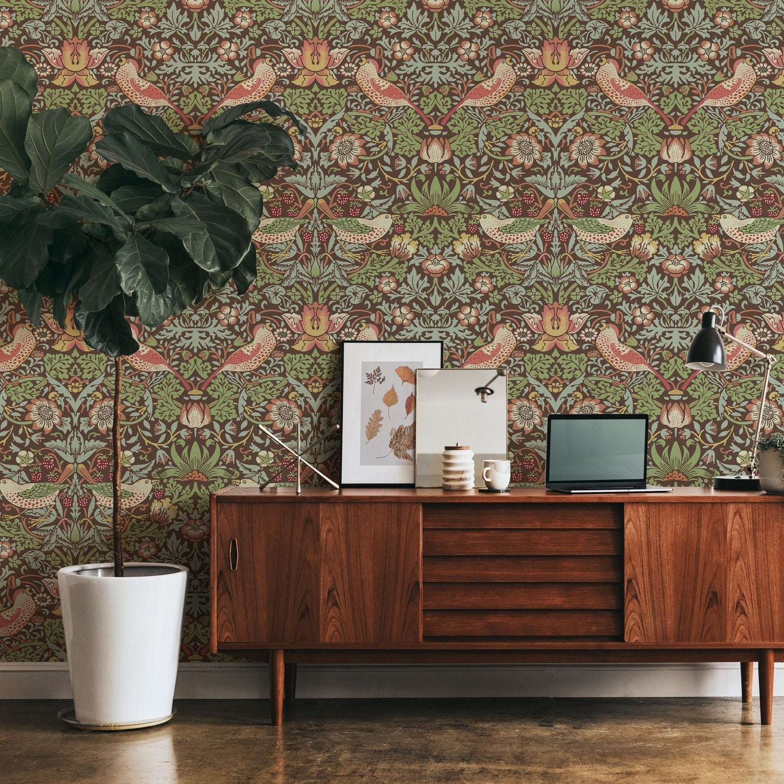 William Morris X Strawberry Thief Peel and Stick Wallpaper, Removable Wallpaper, Traditional Wallpaper - Brown | DeccoPrint