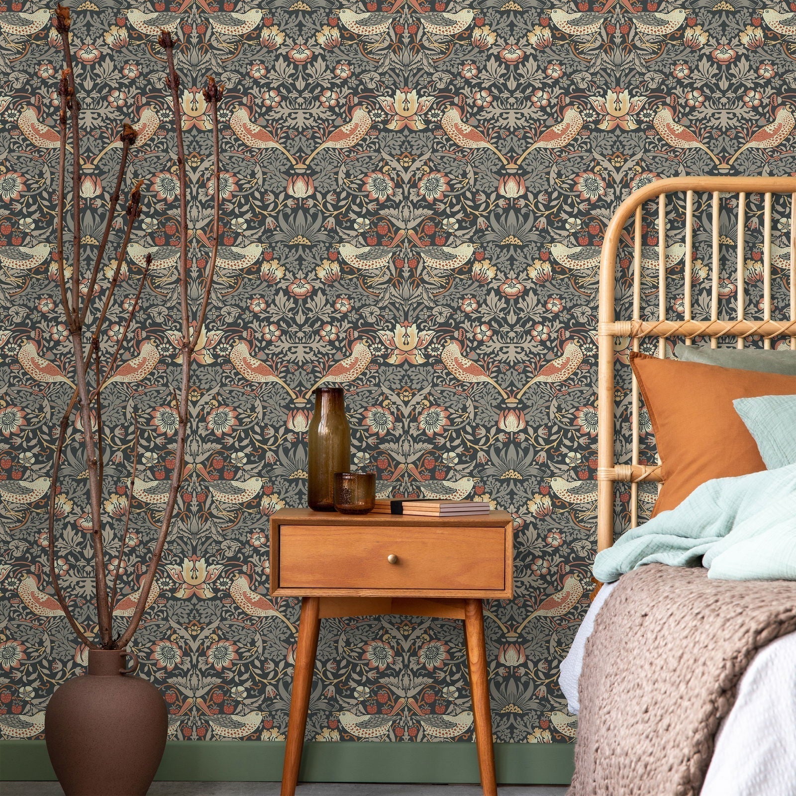 William Morris X Strawberry Thief Peel and Stick Wallpaper, Removable Wallpaper, Traditional Wallpaper - Charcoal | DeccoPrint