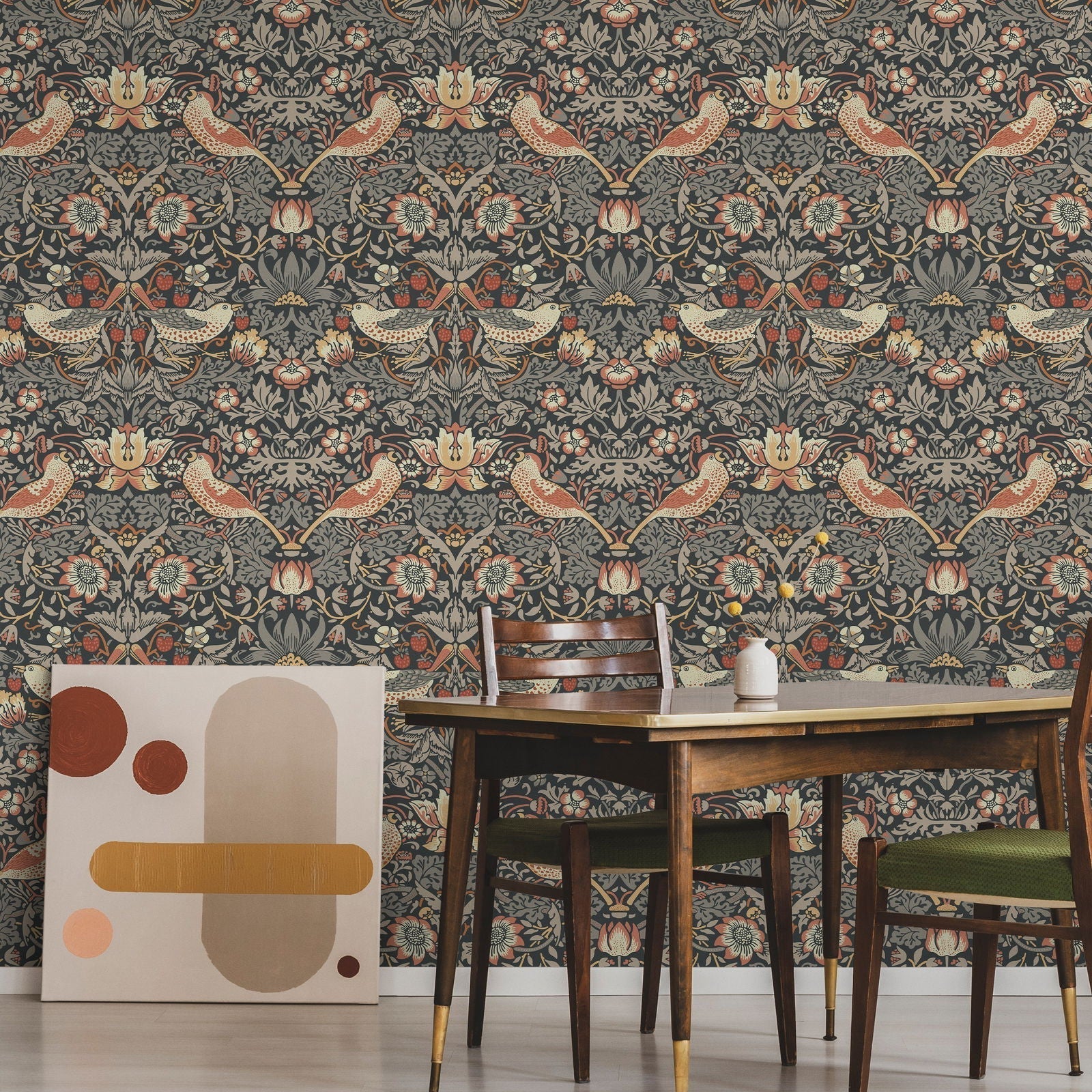 William Morris X Strawberry Thief Peel and Stick Wallpaper, Removable Wallpaper, Traditional Wallpaper - Charcoal | DeccoPrint
