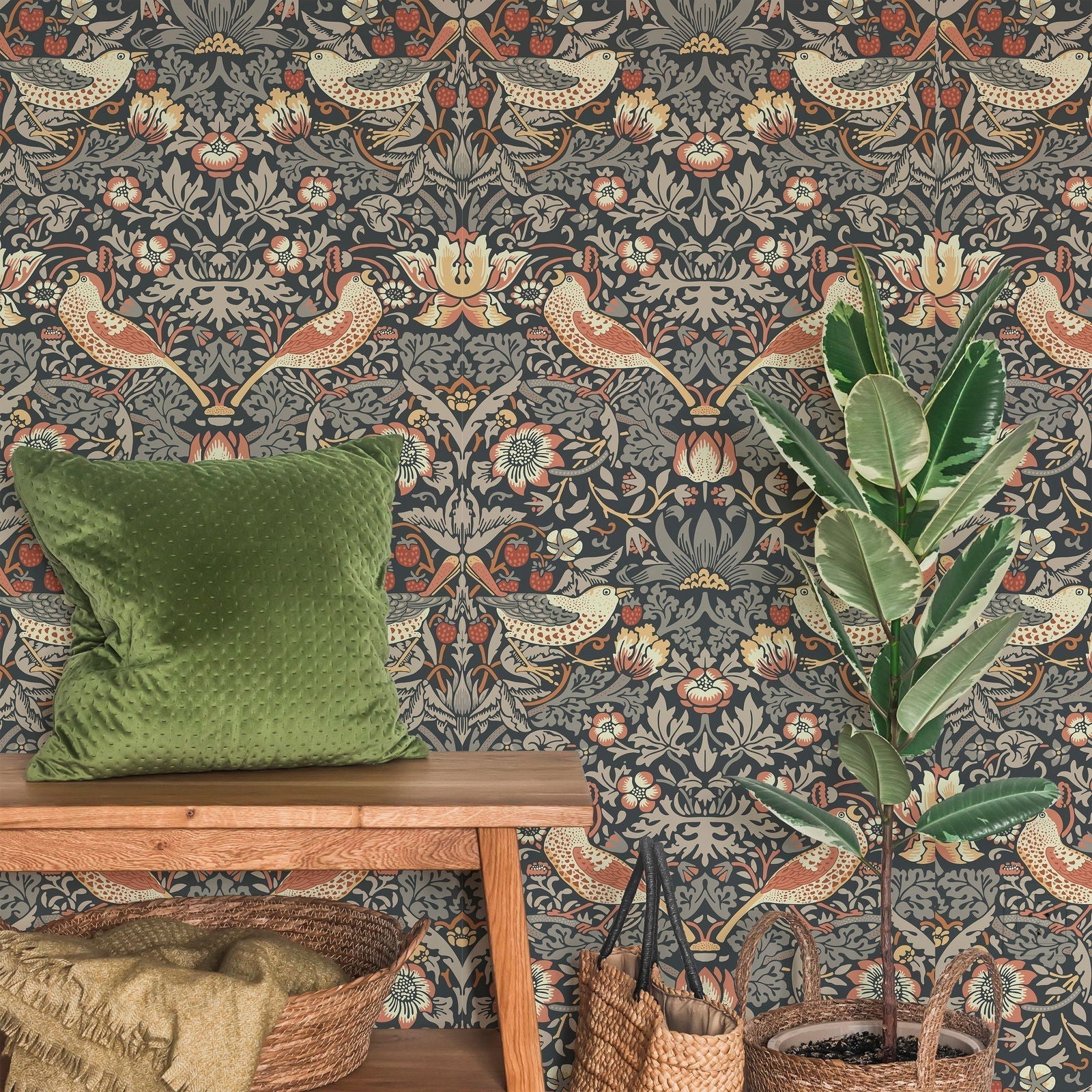 William Morris X Strawberry Thief Peel and Stick Wallpaper, Removable Wallpaper, Traditional Wallpaper - Charcoal | DeccoPrint