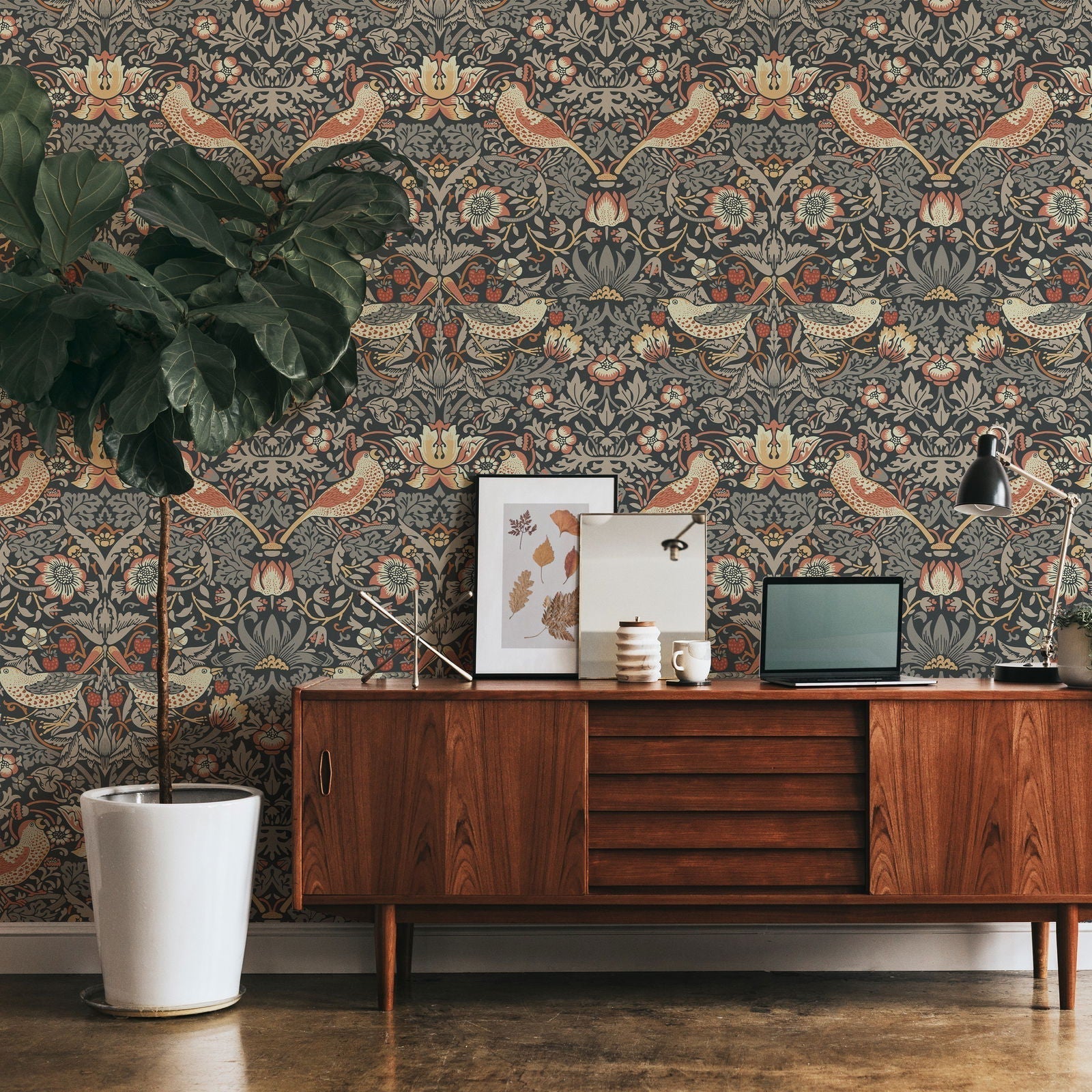 William Morris X Strawberry Thief Peel and Stick Wallpaper, Removable Wallpaper, Traditional Wallpaper - Charcoal | DeccoPrint