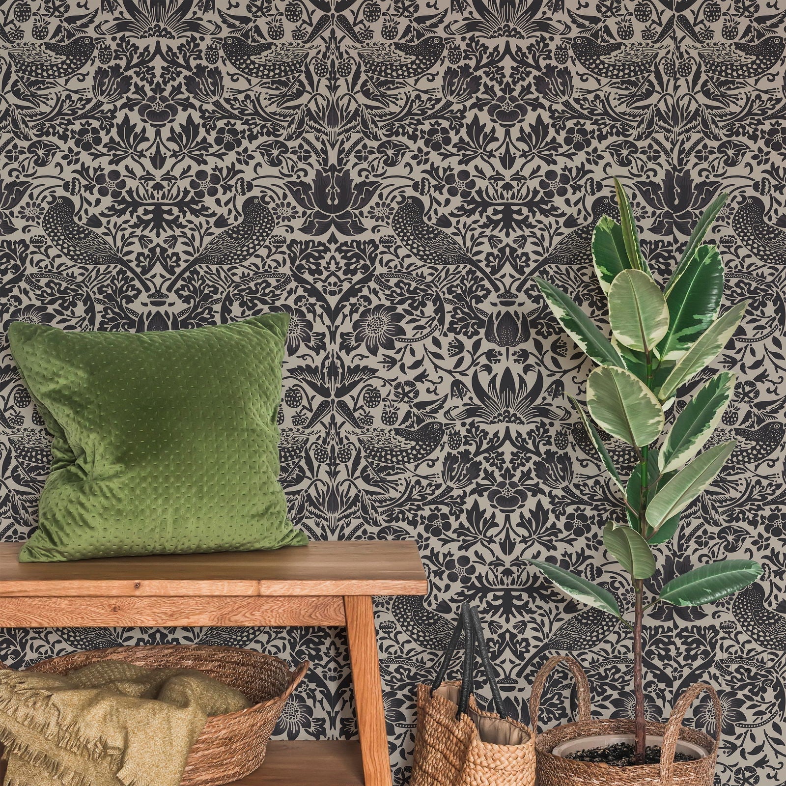 William Morris X Strawberry Thief Peel and Stick Wallpaper, Removable Wallpaper, Traditional Wallpaper - Graphite | DeccoPrint