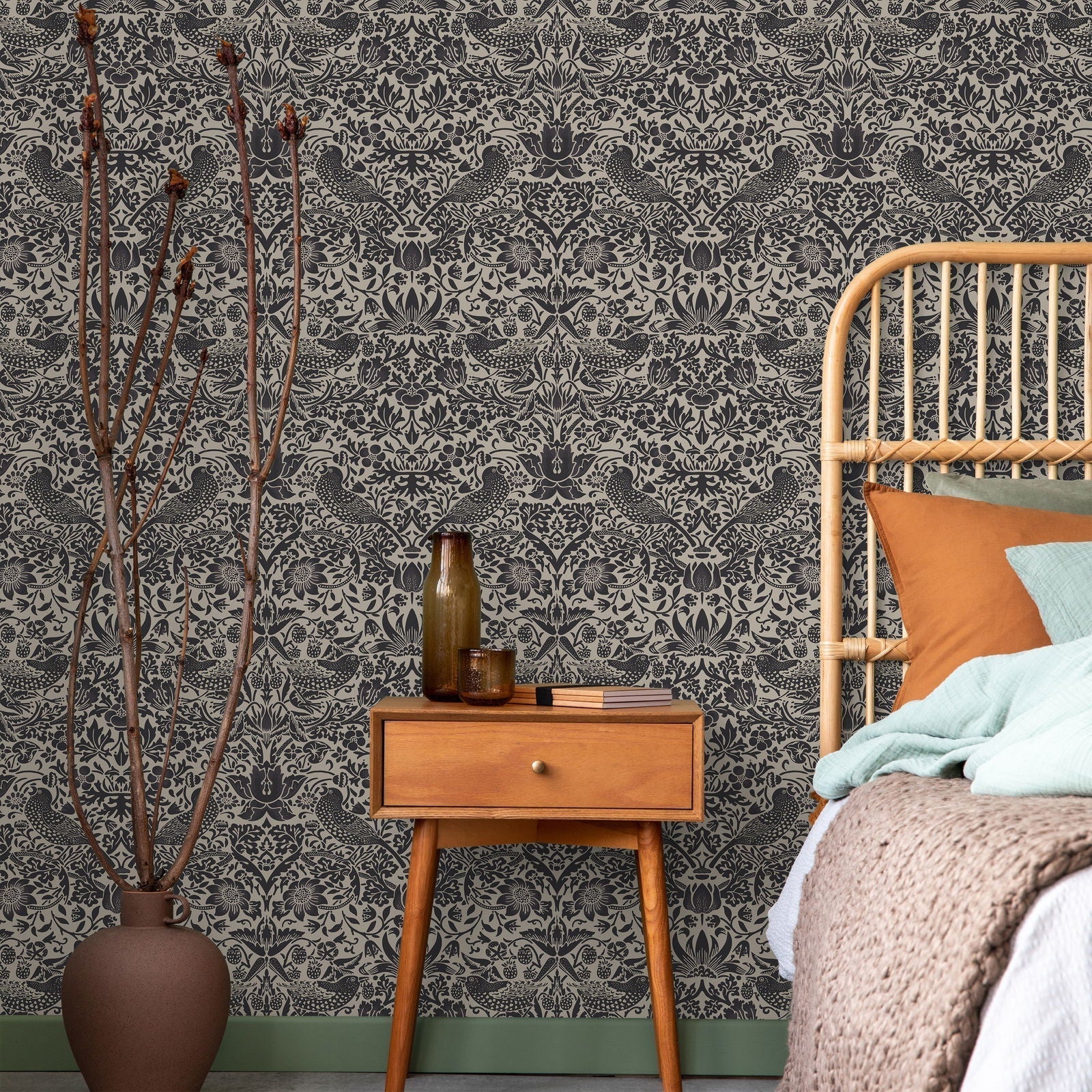 William Morris X Strawberry Thief Peel and Stick Wallpaper, Removable Wallpaper, Traditional Wallpaper - Graphite | DeccoPrint