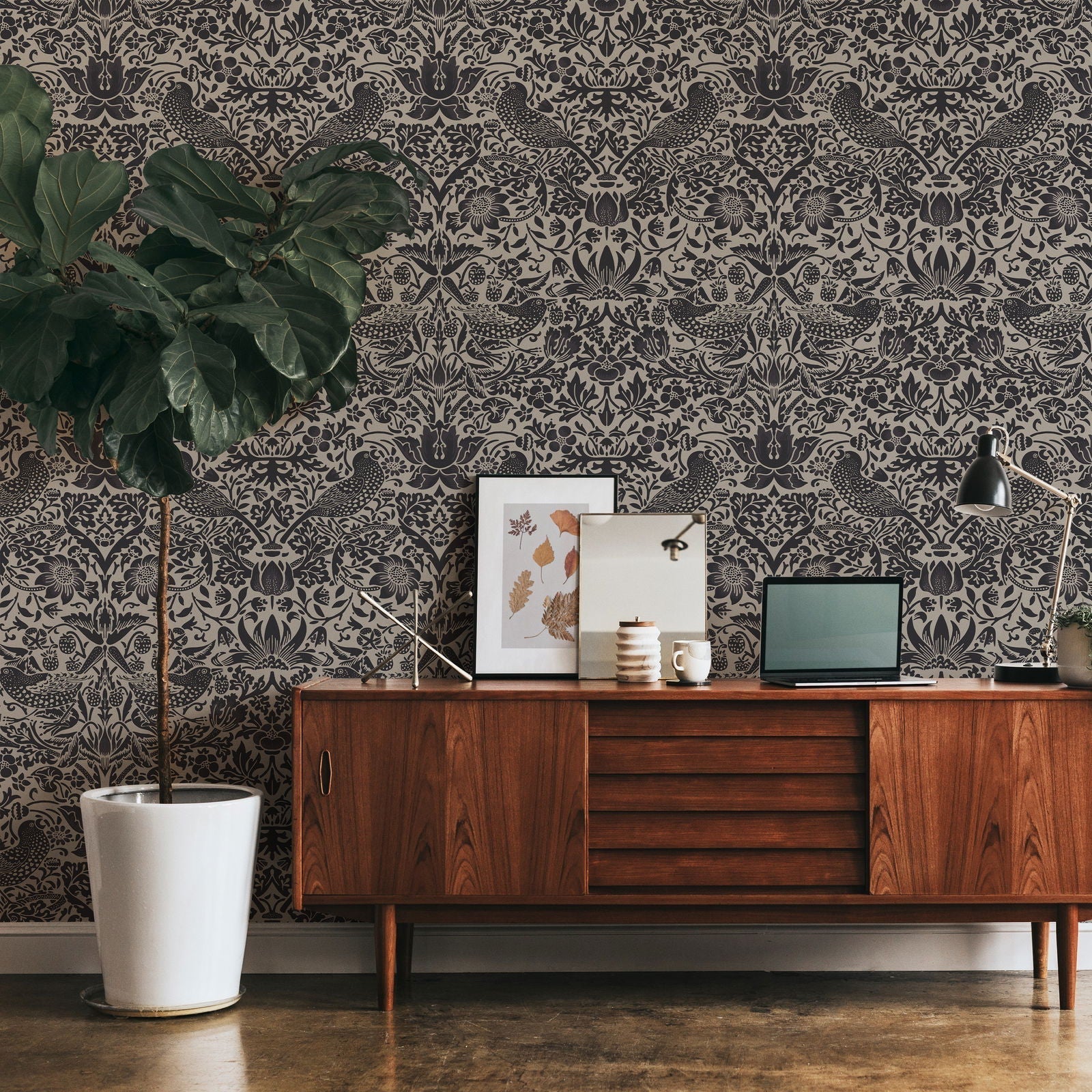 William Morris X Strawberry Thief Peel and Stick Wallpaper, Removable Wallpaper, Traditional Wallpaper - Graphite | DeccoPrint
