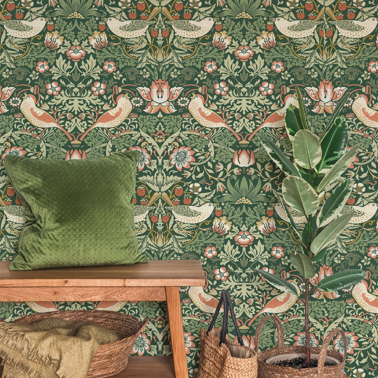 William Morris X Strawberry Thief Peel and Stick Wallpaper, Removable Wallpaper, Traditional Wallpaper - Green | DeccoPrint