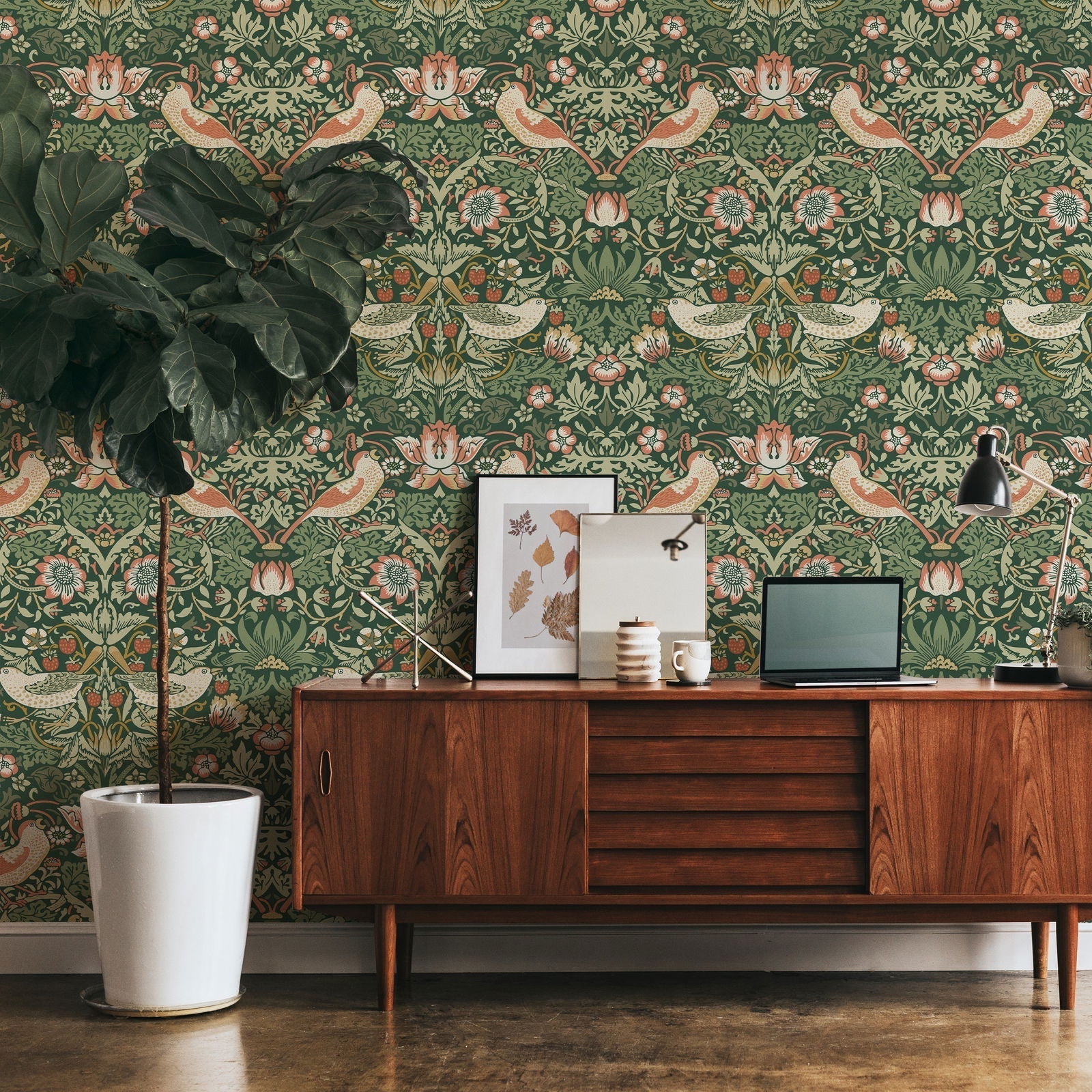 William Morris X Strawberry Thief Peel and Stick Wallpaper, Removable Wallpaper, Traditional Wallpaper - Green | DeccoPrint