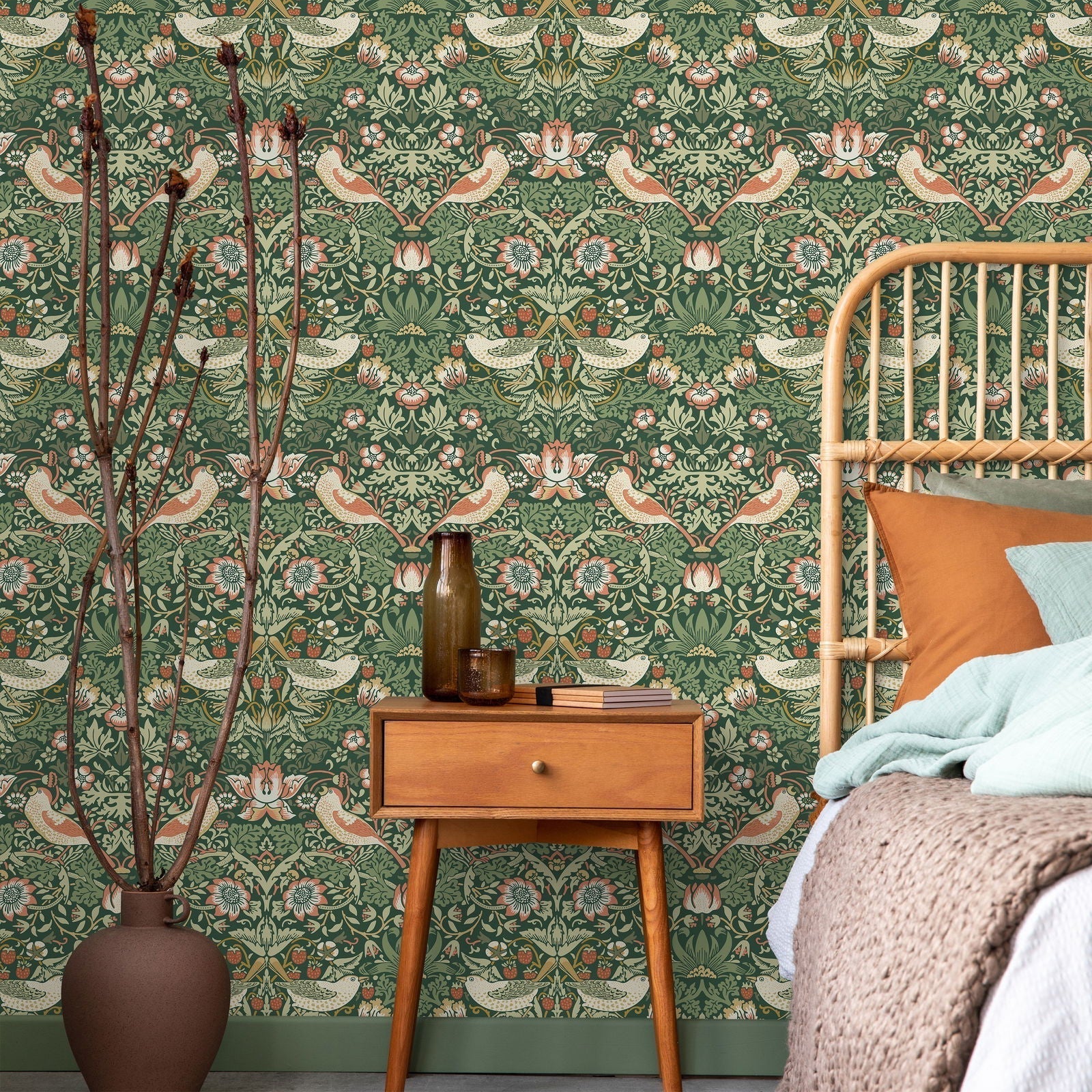 William Morris X Strawberry Thief Peel and Stick Wallpaper, Removable Wallpaper, Traditional Wallpaper - Green | DeccoPrint