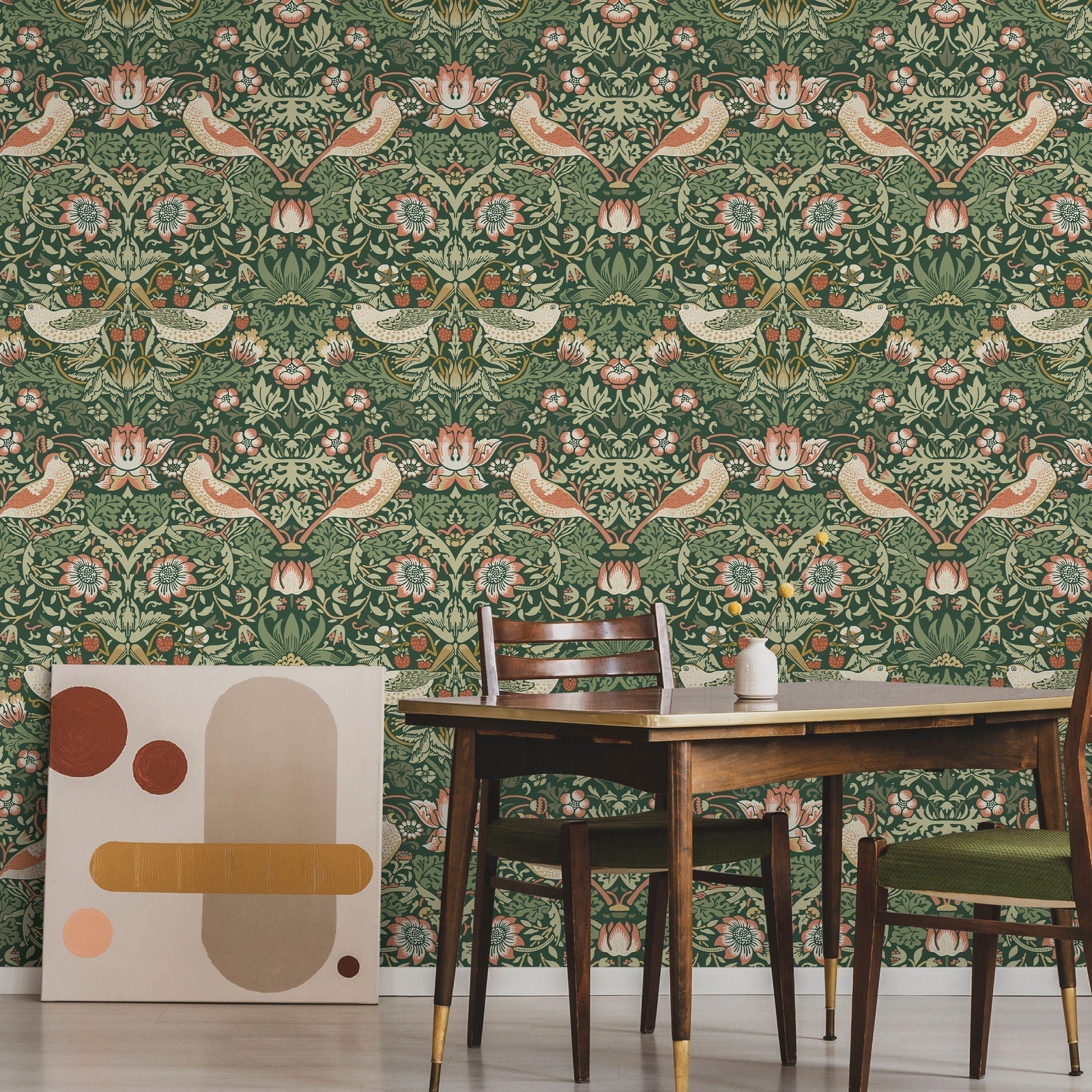 William Morris X Strawberry Thief Peel and Stick Wallpaper, Removable Wallpaper, Traditional Wallpaper - Green | DeccoPrint