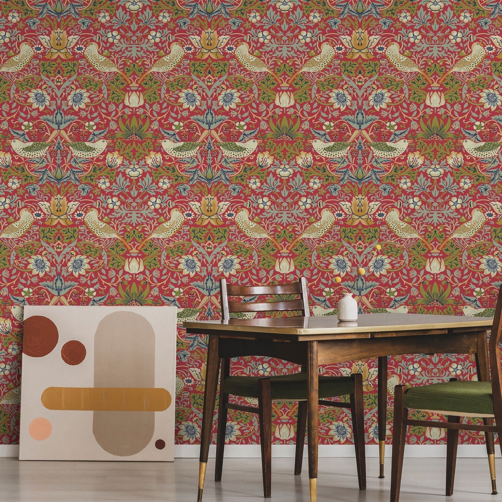 William Morris X Strawberry Thief Peel and Stick Wallpaper, Removable Wallpaper, Traditional Wallpaper - Red | DeccoPrint