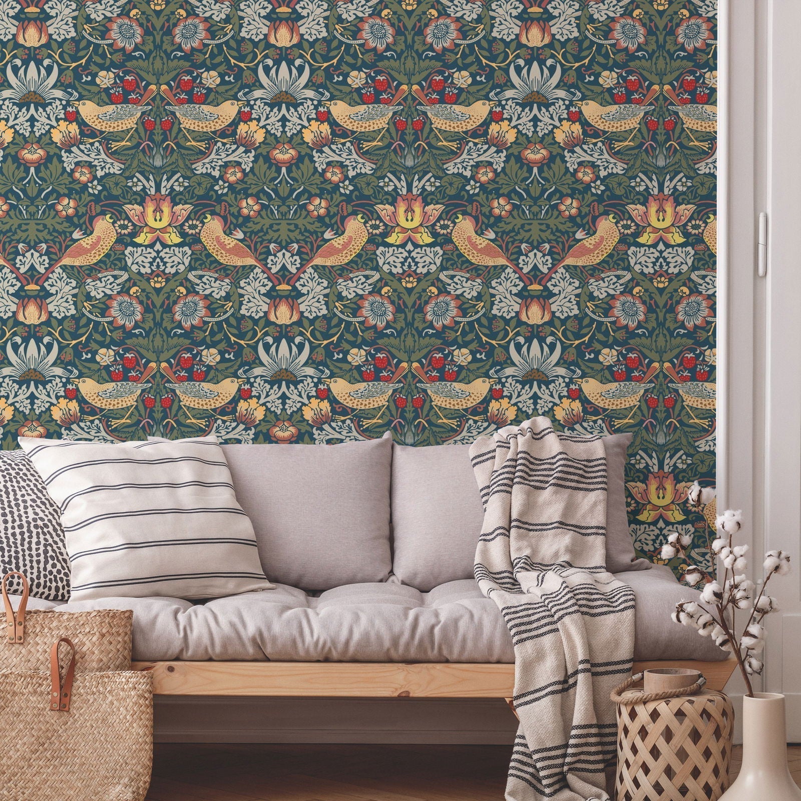 William Morris X Strawberry Thief Peel and Stick Wallpaper, Removable Wallpaper, Traditional Wallpaper - Sage | DeccoPrint