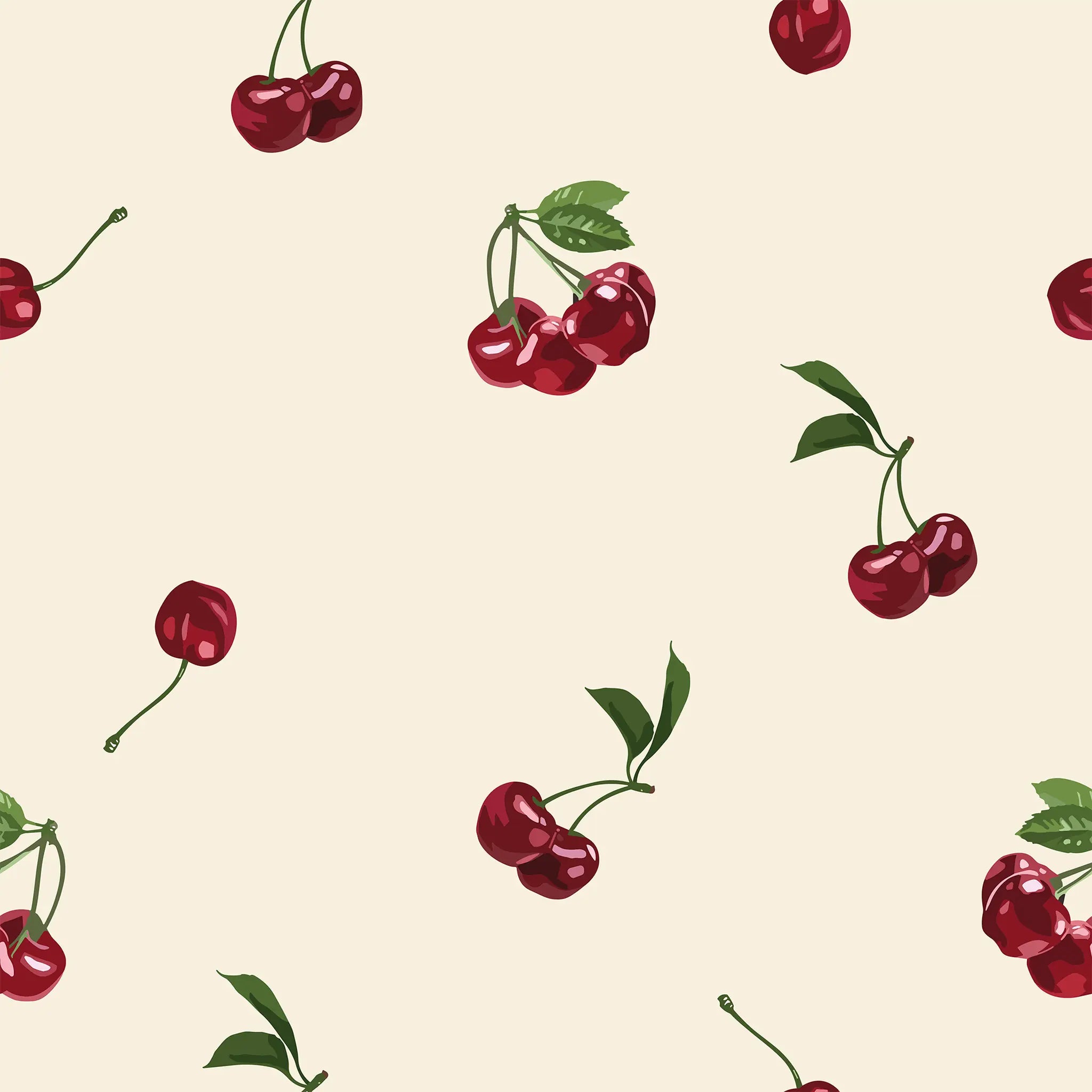 Pattern of red cherries with green leaves on a beige background